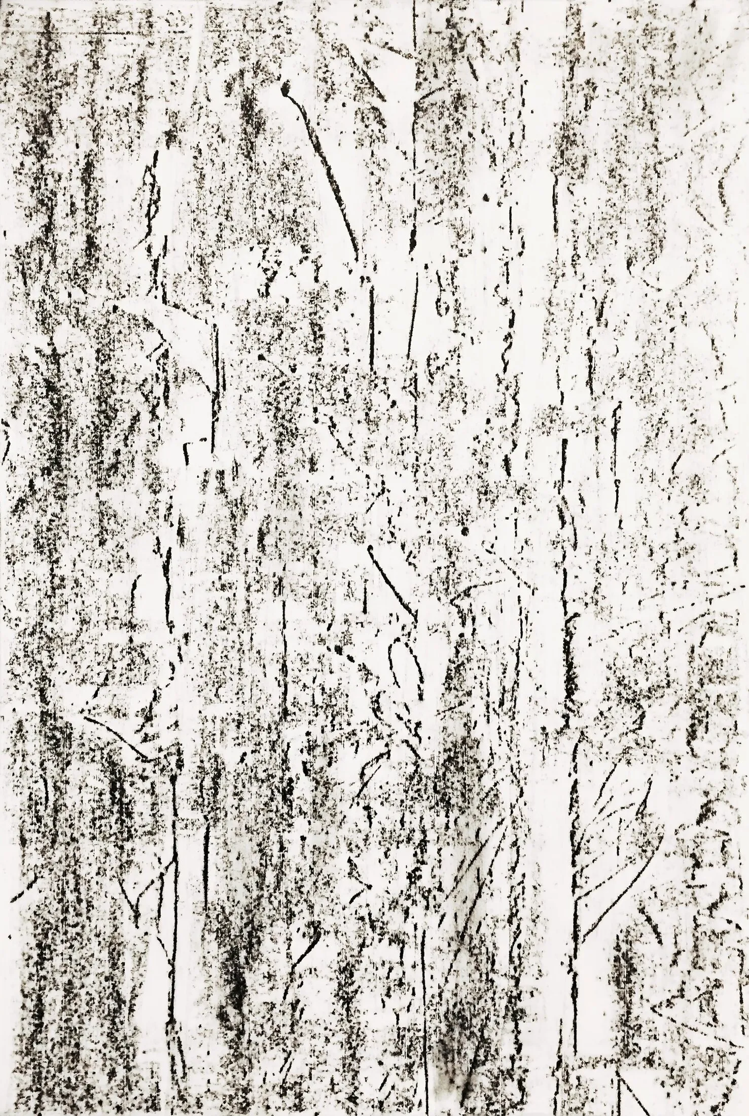 Black-and-white abstract painting with dense, scratchy vertical charcoal-like marks covering a pale background, giving a heavily textured, bark- or rain-streaked appearance.