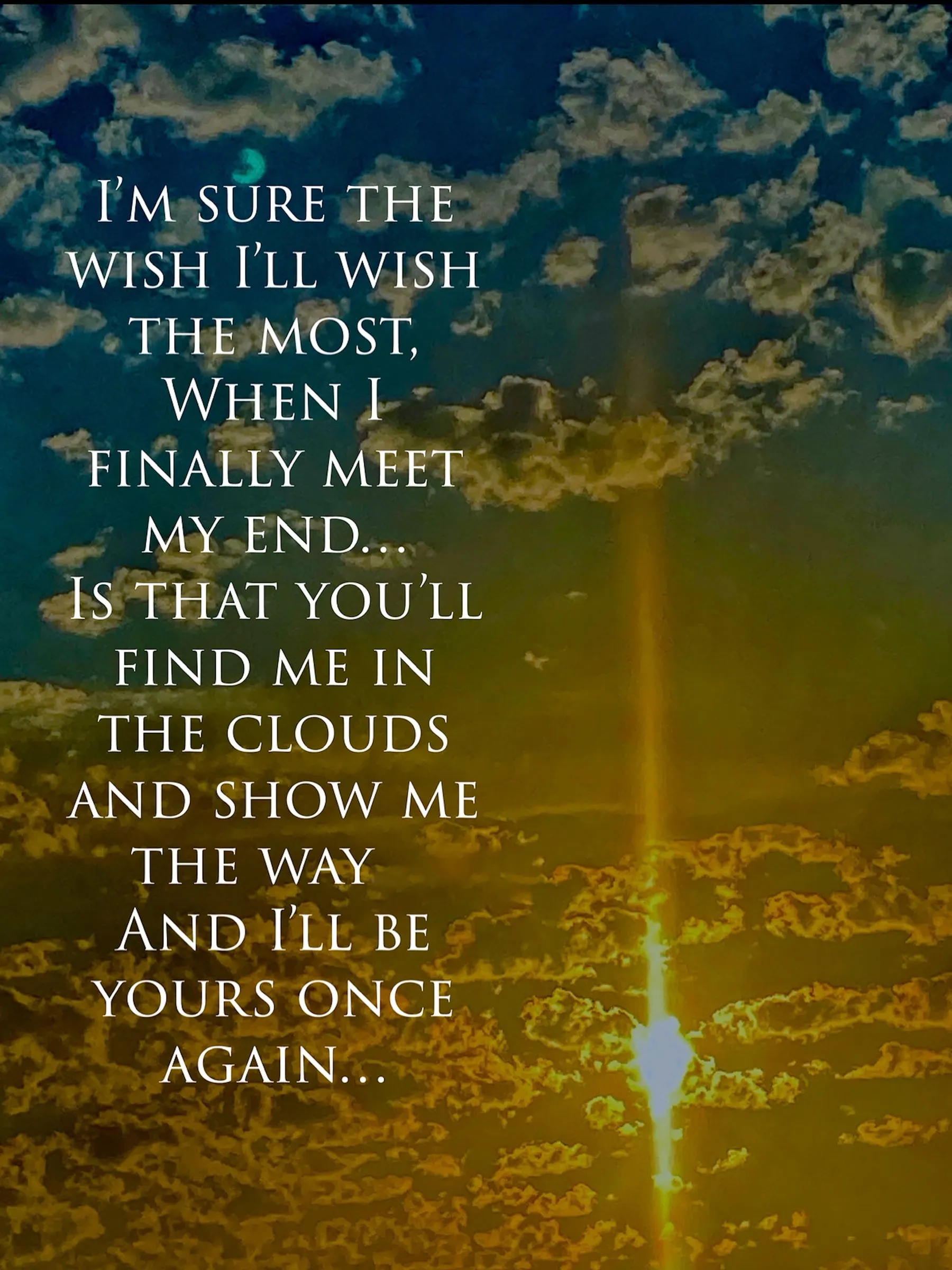 AI-generated image of a sunset sky with clouds and a bright light beam, with the poem's text overlaid in white serif type.