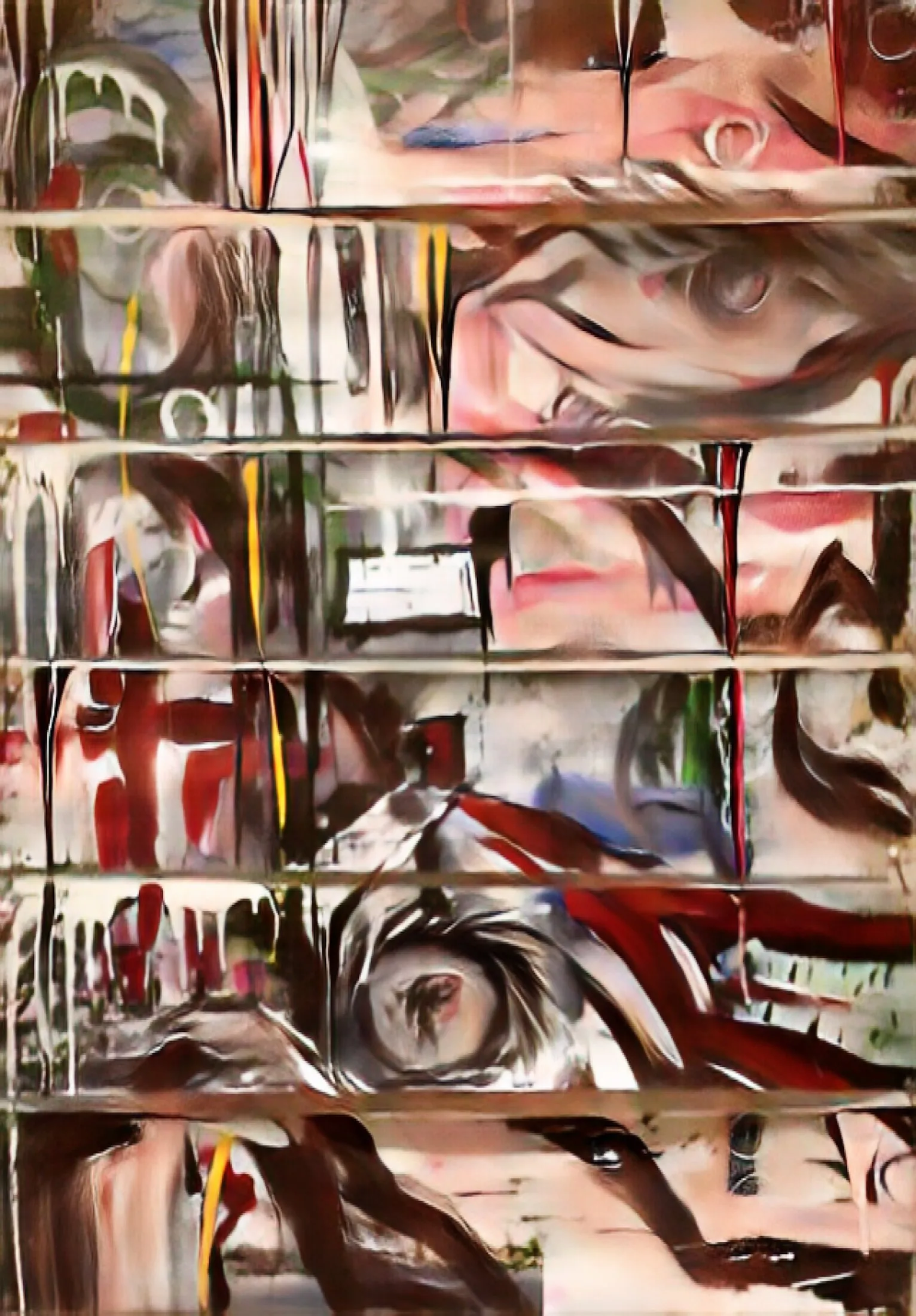 Abstract painting divided into horizontal band segments in a muted pink, cream and brown palette, with partial glimpses of a face and eye, yellow vertical drip lines, and dark red-brown streaks throughout.