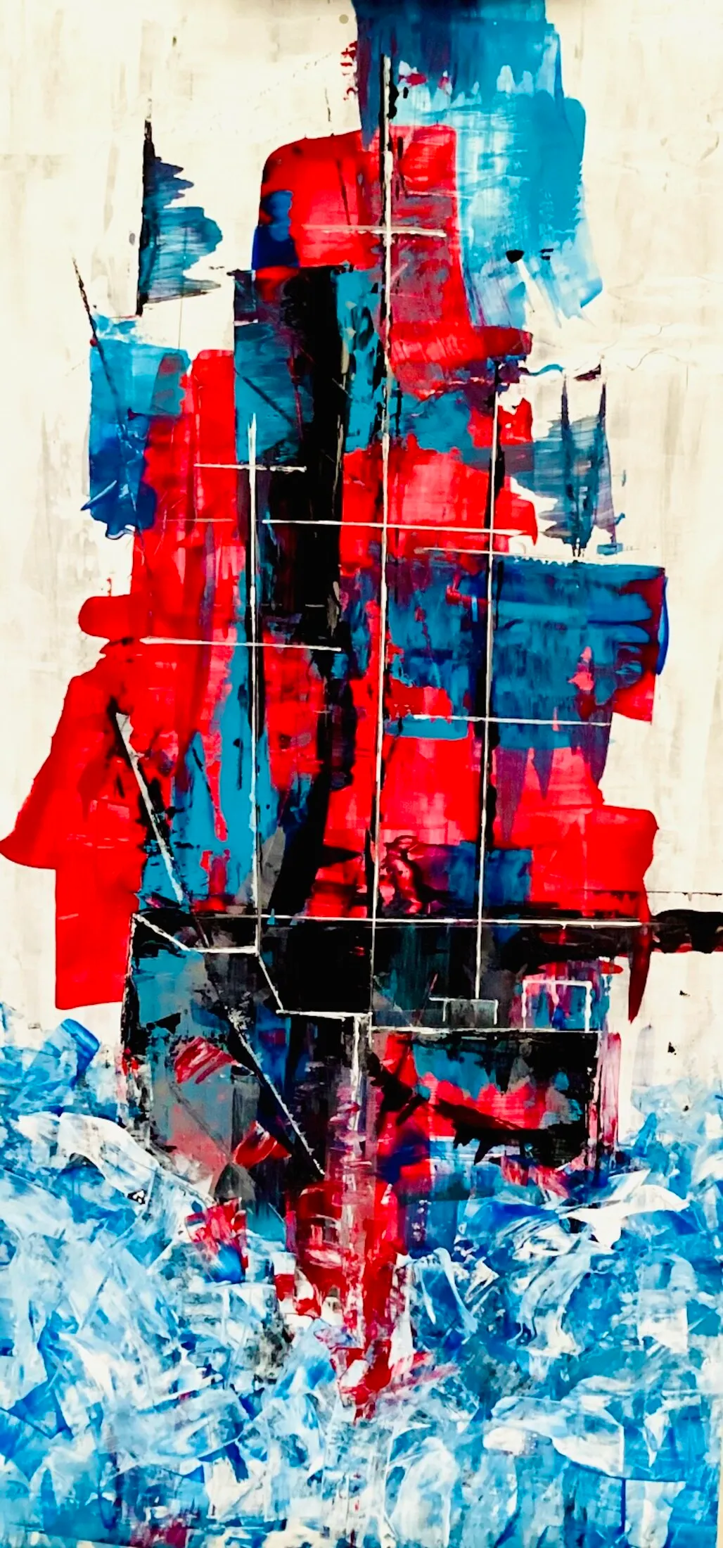 Abstract geometric painting with bold red and teal-blue color blocks divided by thin white grid lines and a black vertical column through the center, transitioning into a textured blue wave-like pattern at the bottom.