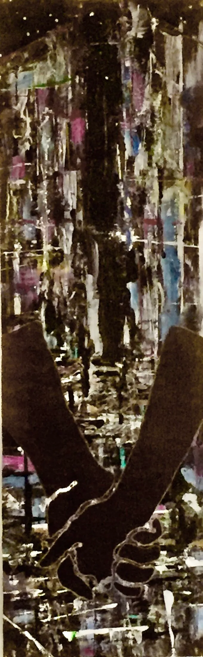 Dark, vertical abstract painting in muted earth tones, with two pale, ghostly hand-like forms reaching upward, surrounded by dark swirling brushwork.