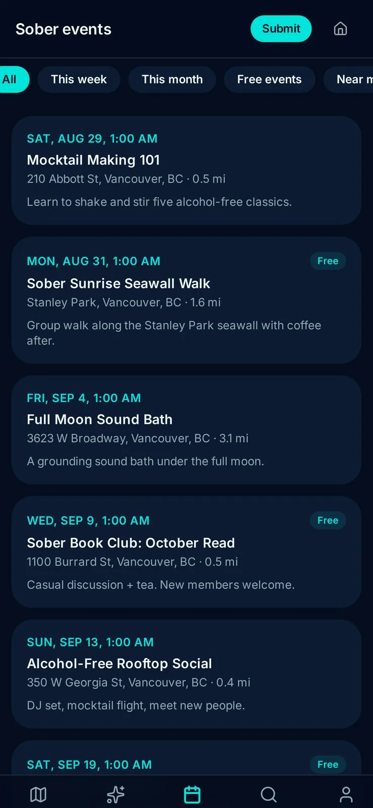 SoberGPS events list