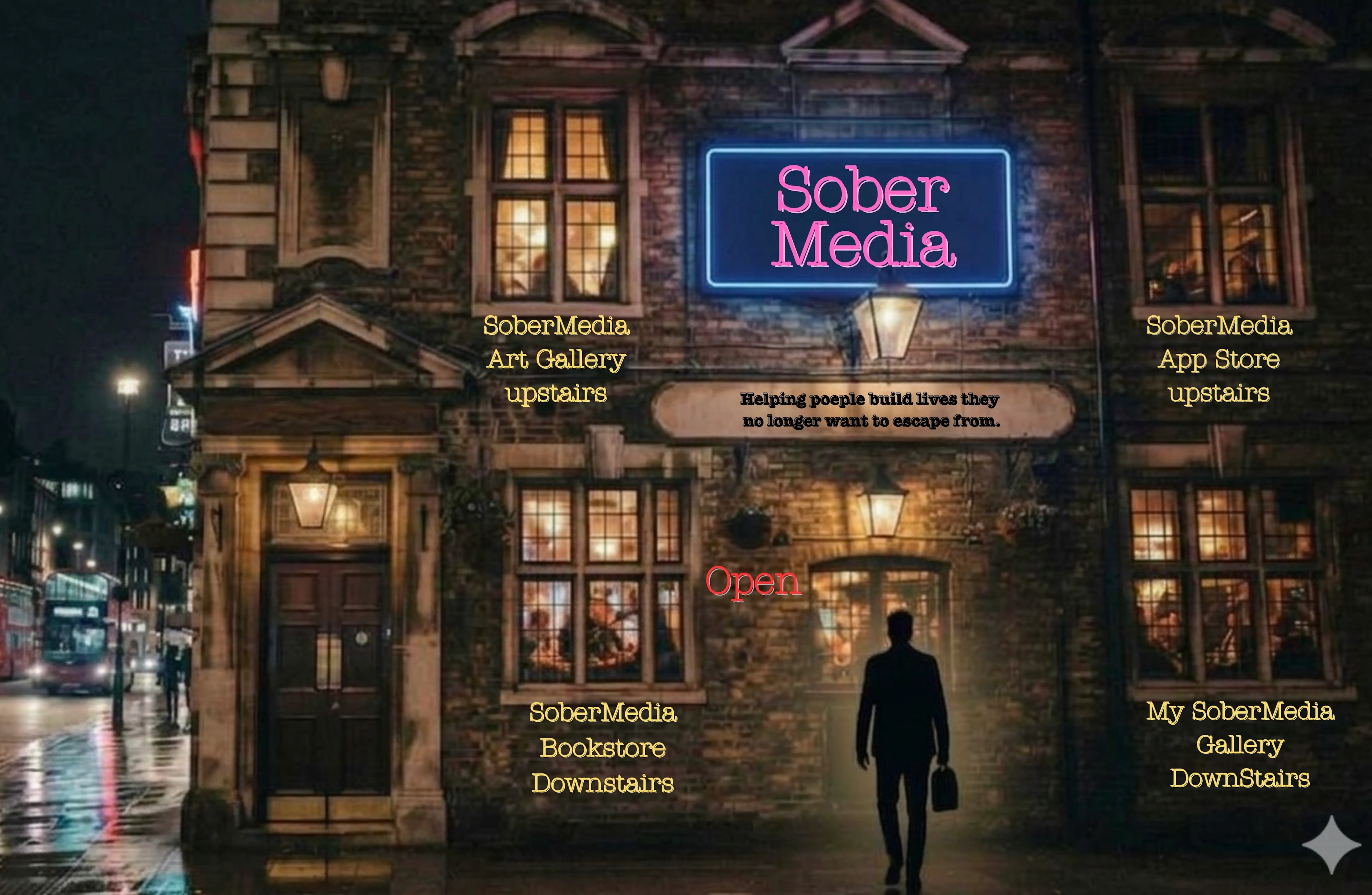 The SoberMedia storefront: an illuminated pub facade with the SoberMedia neon sign, the mission line 'Helping people build lives they no longer want to escape from,' an OPEN sign, and a directory reading SoberMedia Art Gallery upstairs, SoberMedia App Store upstairs, SoberMedia Bookstore downstairs, and My SoberMedia Gallery downstairs.