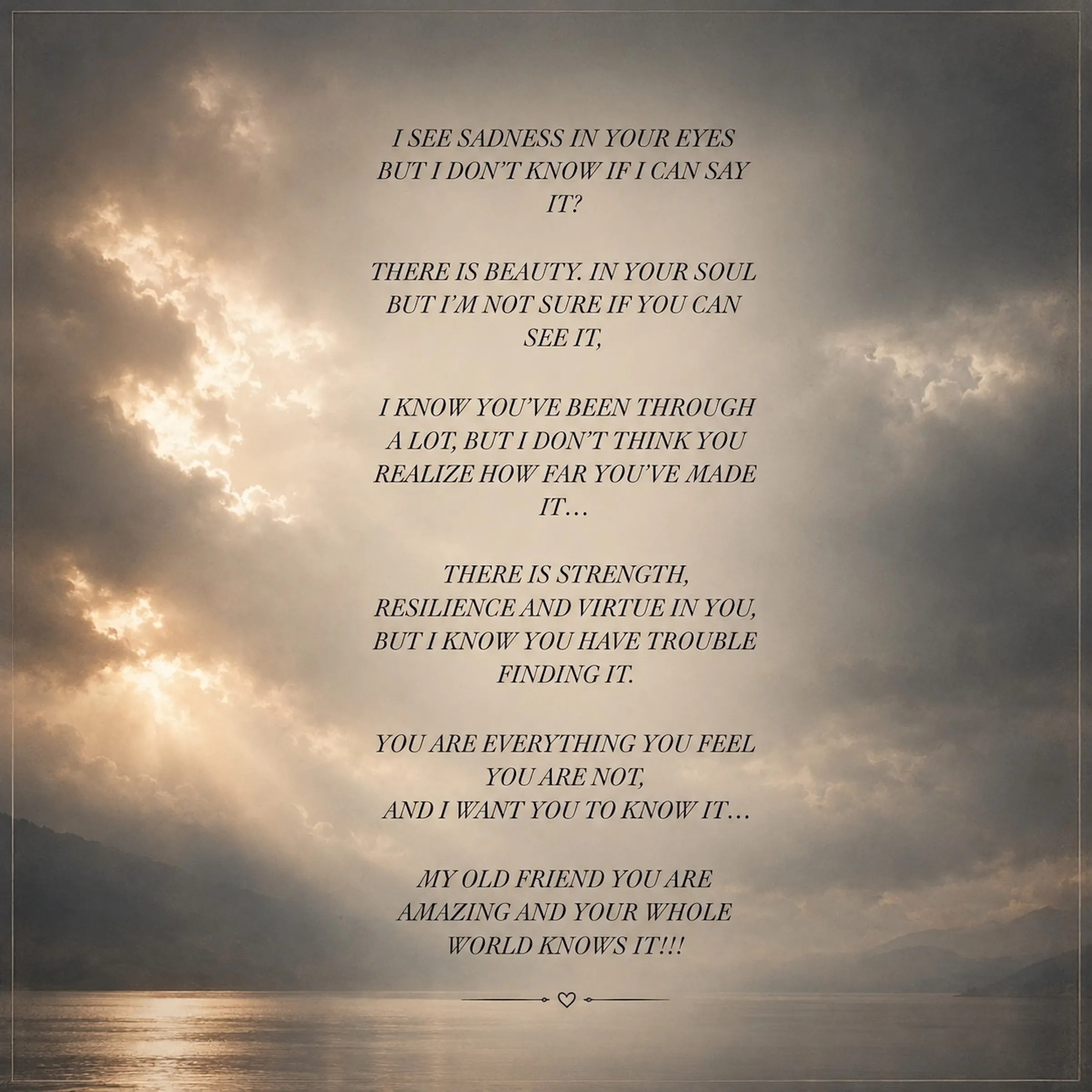 Dusk sky over water with the poem's text overlaid in italic serif type.