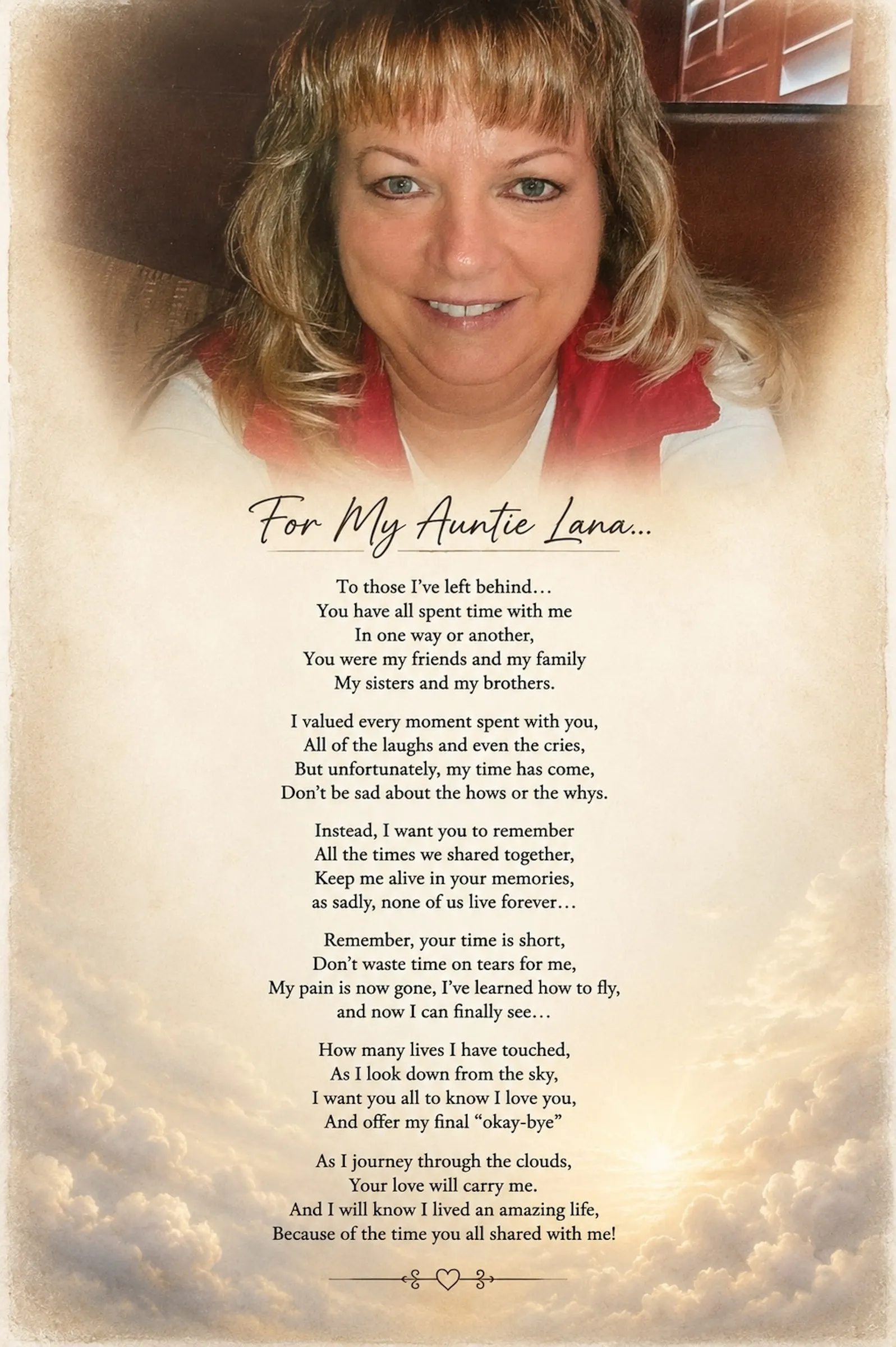 Photograph of a smiling woman with blonde wavy hair wearing a red scarf, above a poem titled 'For My Auntie Lana...' overlaid in black serif and script type, set against a background of clouds and sunlight.