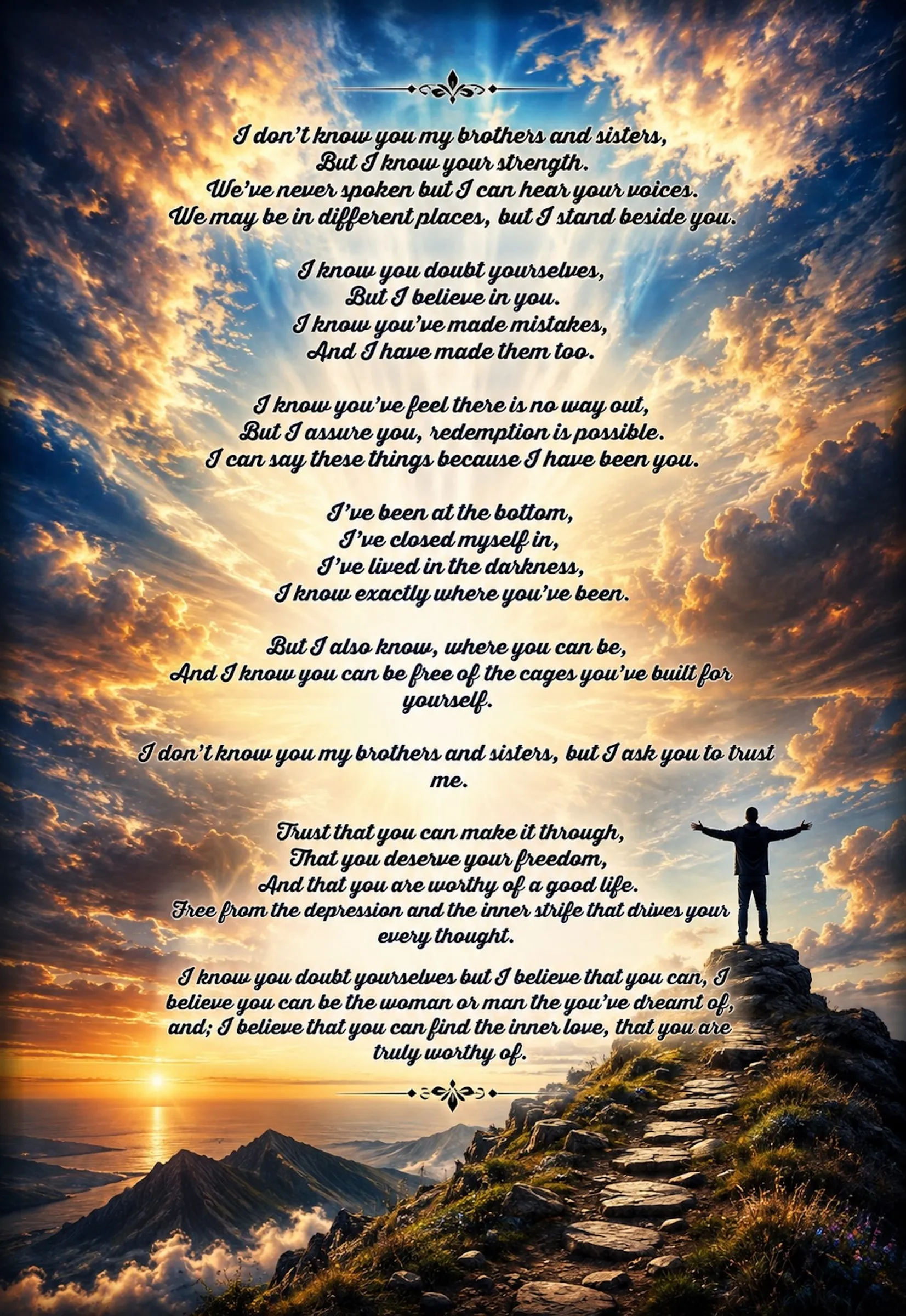 AI-generated image of a sunrise over a mountain summit with a silhouetted figure standing on a rocky peak, arms raised, with the poem's text overlaid in cursive black type.