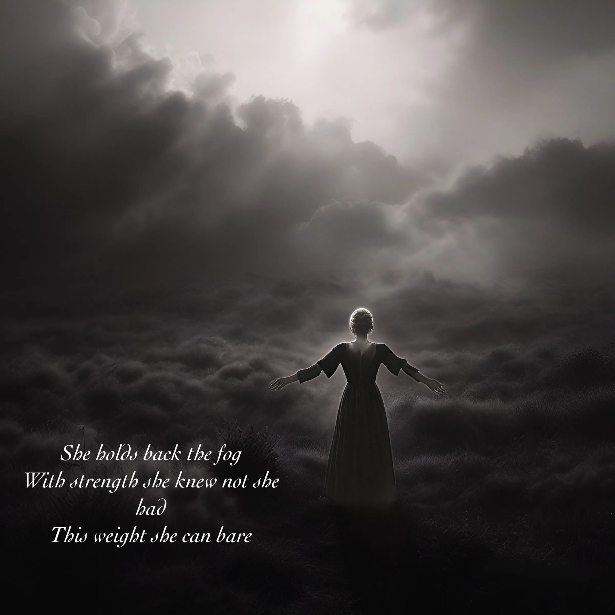 Black-and-white image of a woman in a period dress standing in a foggy field with arms outstretched, seen from behind, with a four-line poem overlaid in white cursive type.