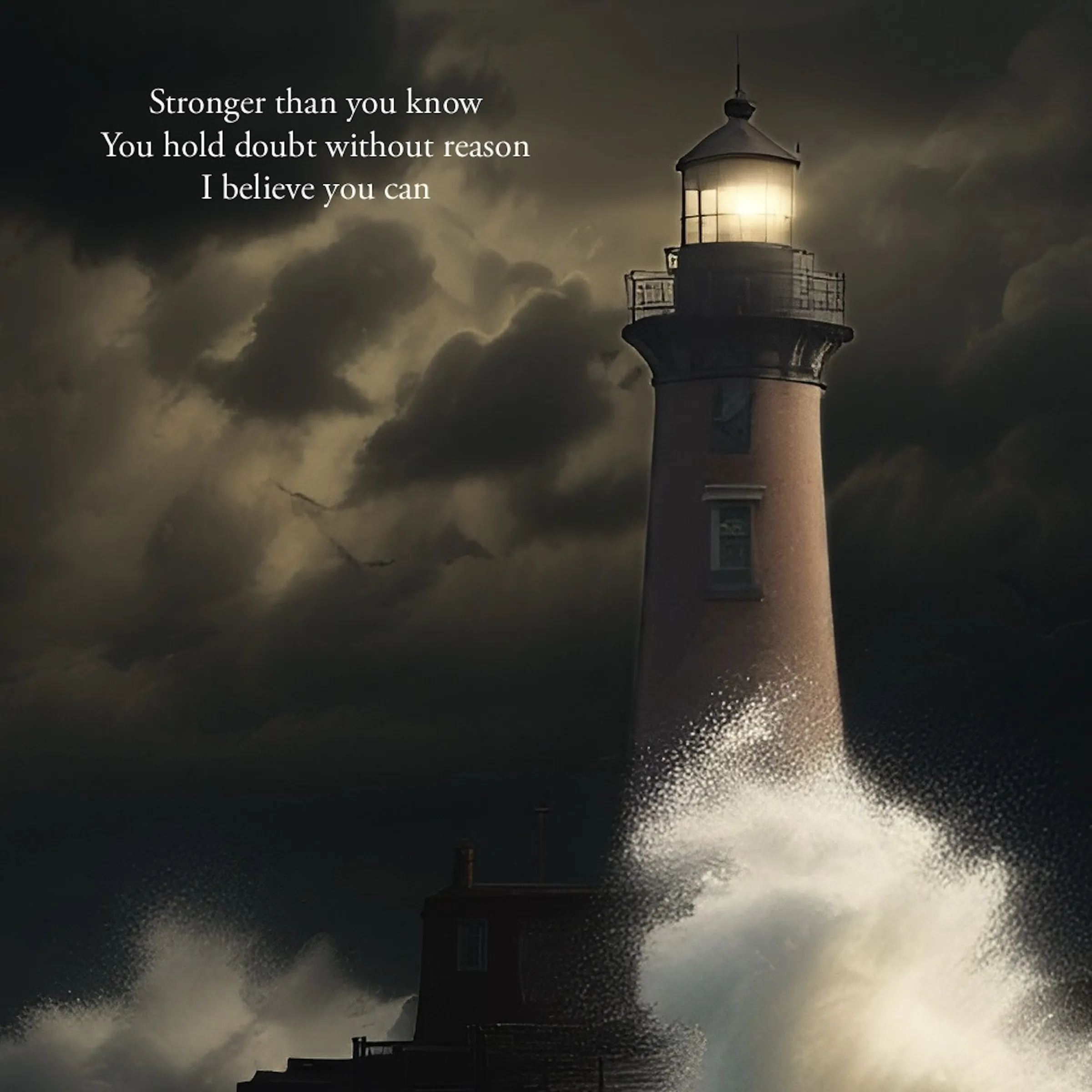 AI-generated illustration of a lit lighthouse on a rocky point at night, a large wave crashing against its base under a dark, cloudy sky.