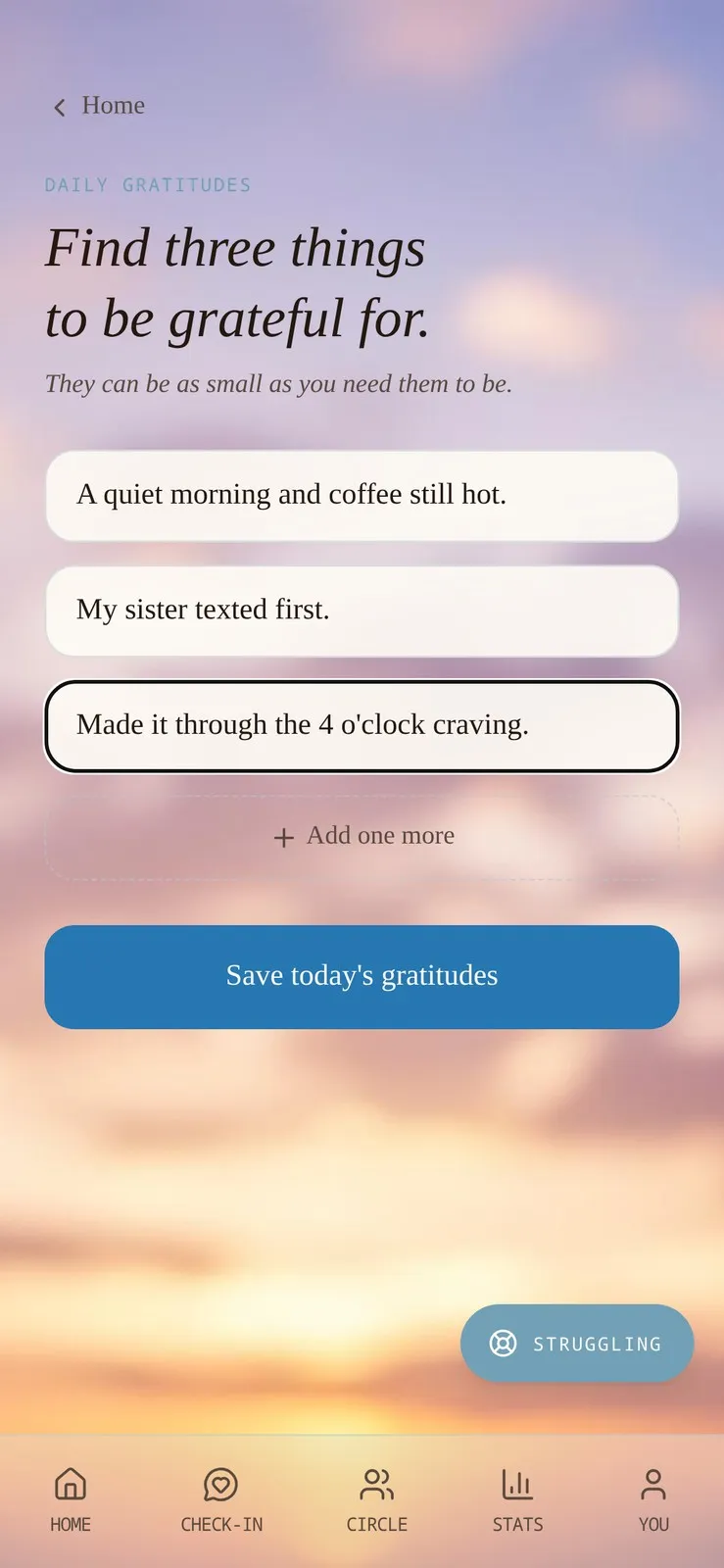 R.U.F.U.S. Daily Gratitudes screen with three filled-in entries