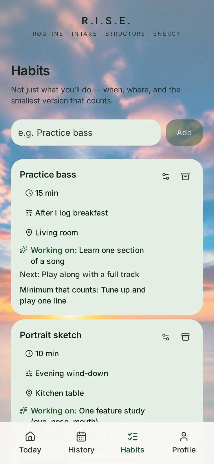 R.I.S.E. habits tab detail view