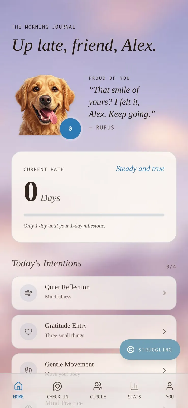 R.U.F.U.S. home screen with morning journal, Rufus quote, streak and today's intentions