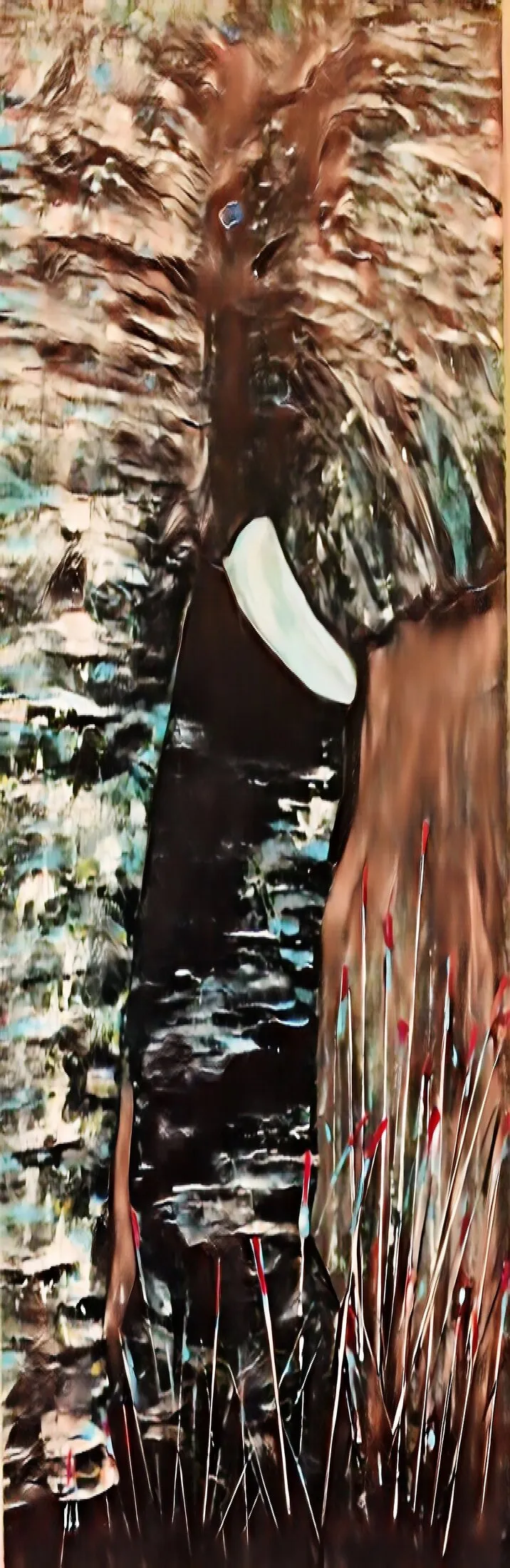Abstract painting in warm brown and tan streaked brushwork, with a pale oval shape near the center-left, a dark shadowed passage below it, and thin vertical red, white and blue reed-like lines along the bottom edge.