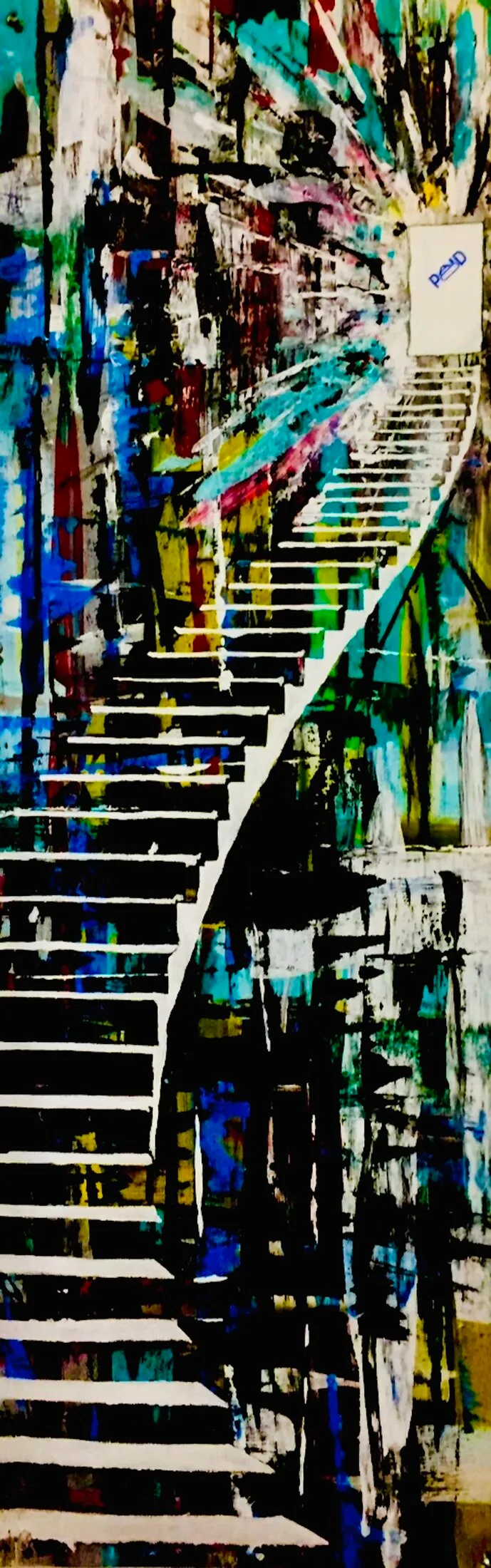 Painting of a black-and-white staircase ascending diagonally through a richly colored, textured abstract background of blue, teal, red, yellow and green. A small pale sign with a blue signature-like mark appears near the top of the stairs.