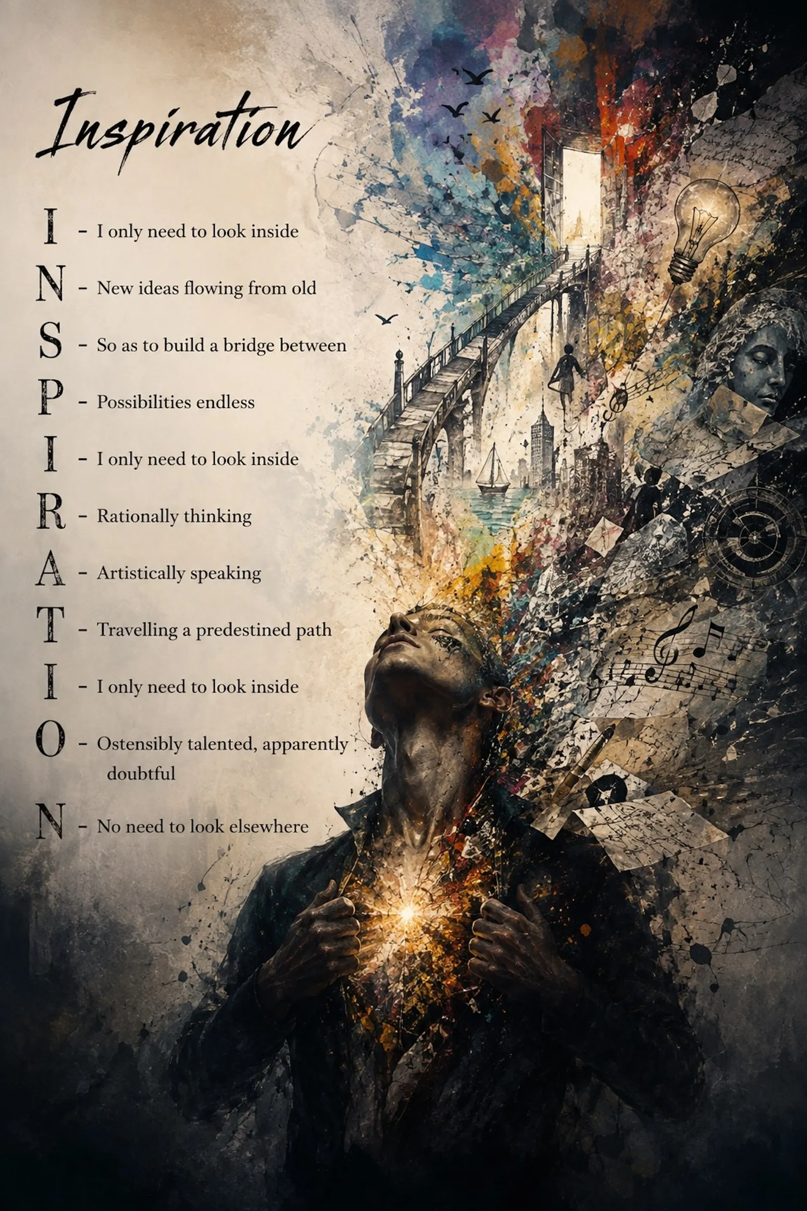 Mixed-media illustration titled 'Inspiration' of a person looking upward with a burst of light at their chest, surrounded by imagery of a bridge, a city skyline, a lightbulb, sheet music, and a doorway, with an acrostic poem using the letters of the word 'INSPIRATION' overlaid in black serif type.