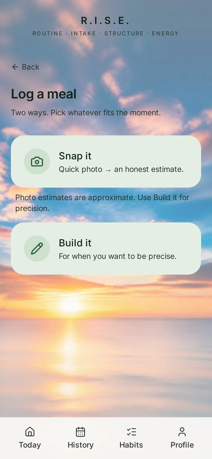 R.I.S.E. log a meal screen with Snap it and Build it options