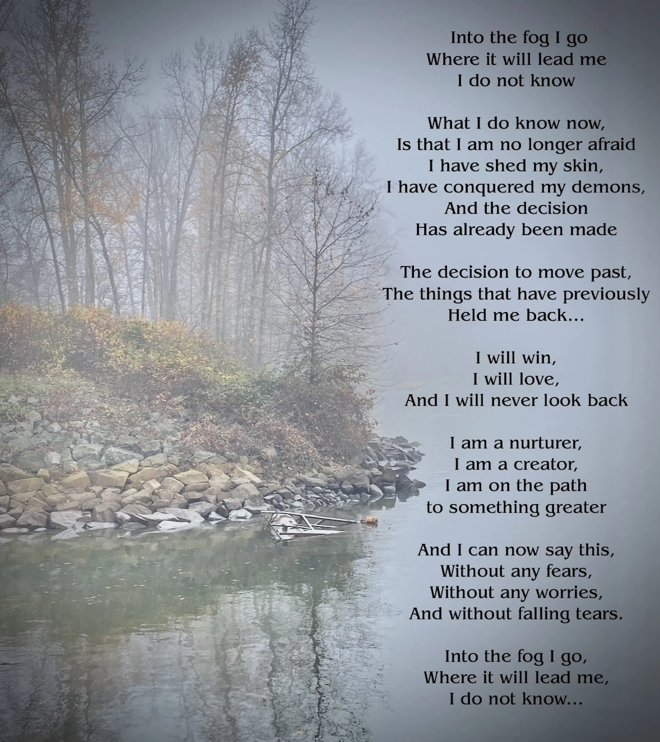 Foggy riverside photograph with bare trees, a rocky shoreline, and a partially submerged boat, with the poem's text overlaid in black serif type on the right side.