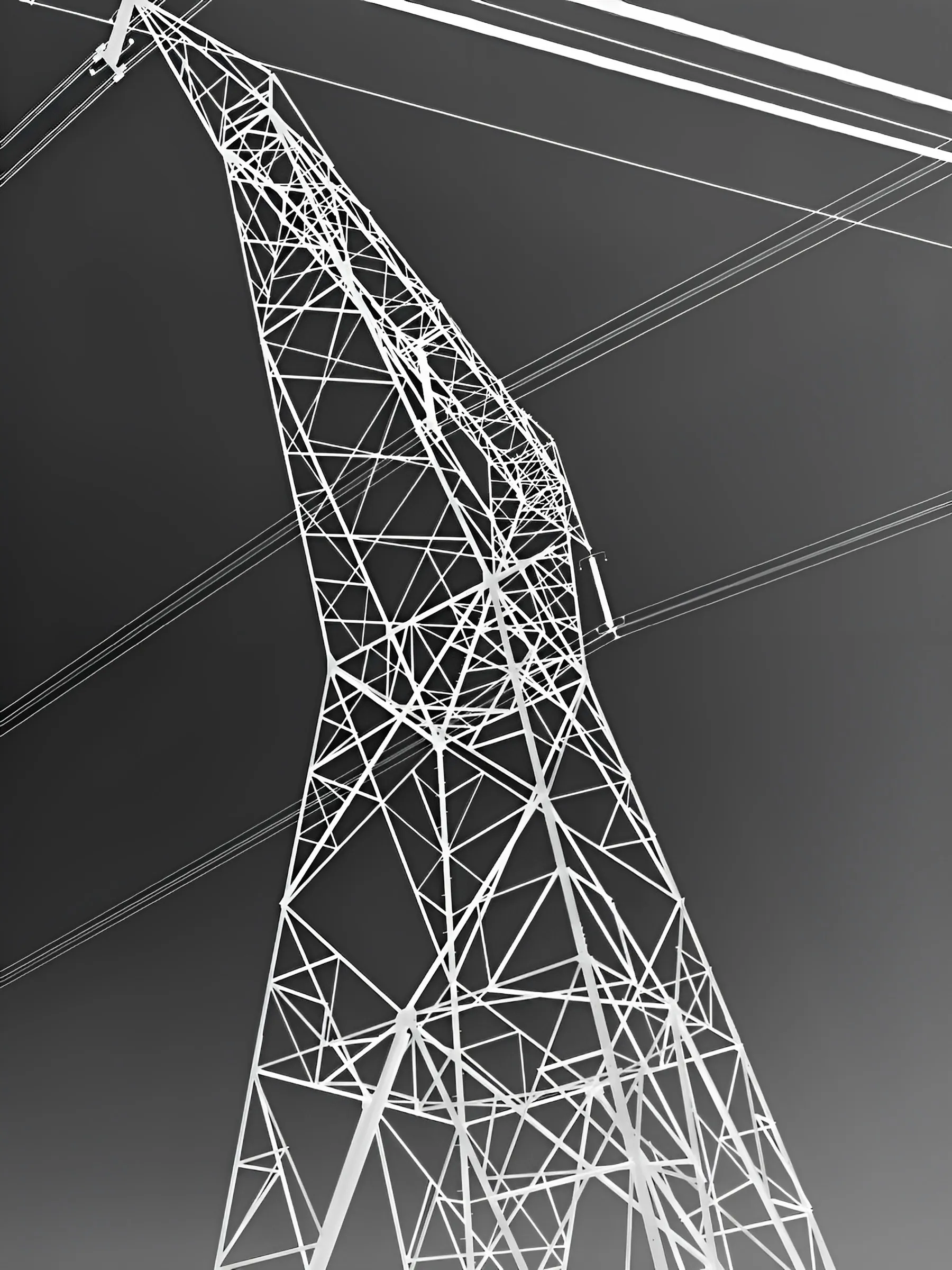 High-contrast black-and-white photograph of an electrical transmission tower shot from below at an angle, its lattice steel structure and power lines set against a smooth gray sky.