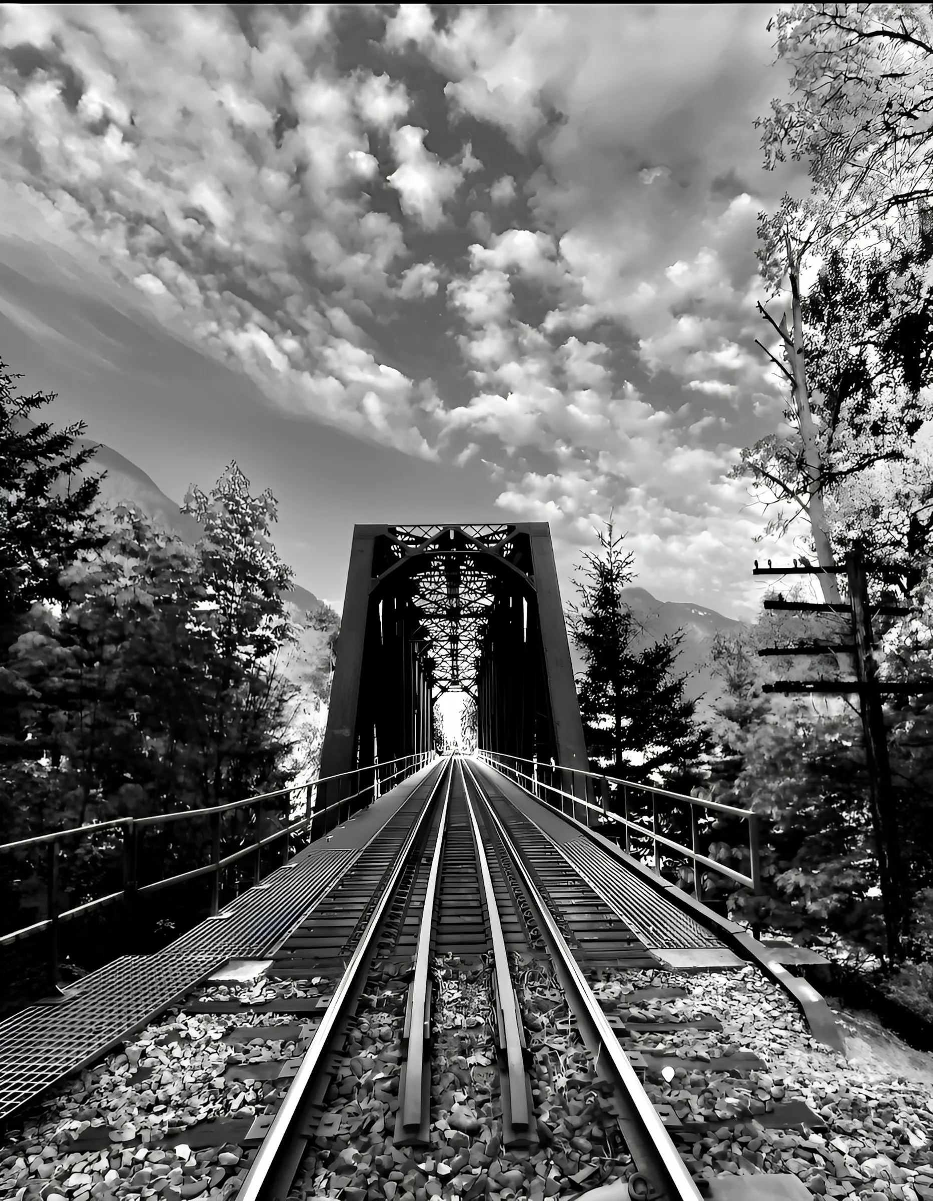 Black-and-white photograph of a steel truss railway bridge seen from below on the tracks, framed by trees on both sides beneath a sky filled with clouds, with mountains visible through the bridge opening.