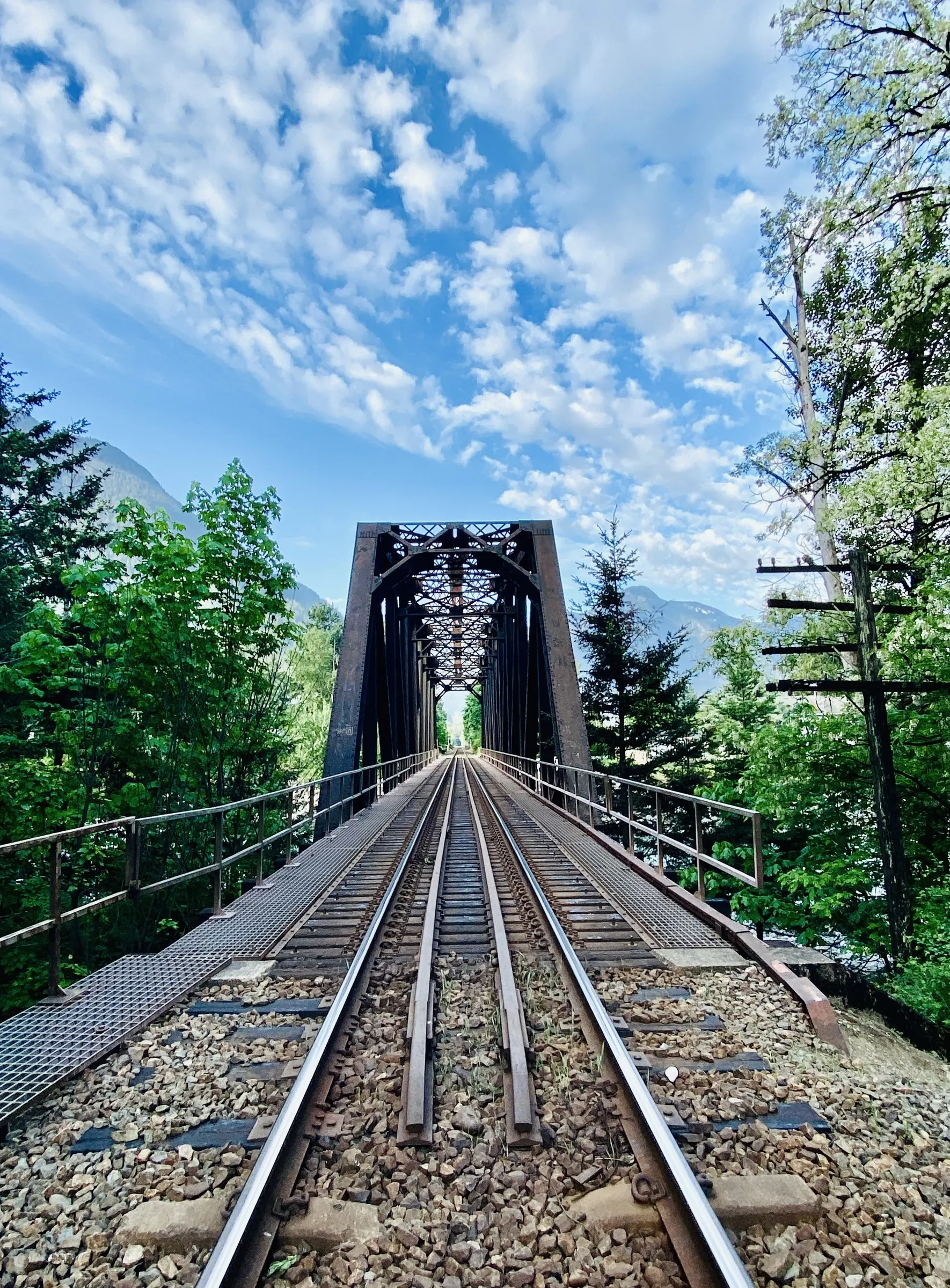 Color photograph looking down railway tracks toward a steel truss bridge, framed by green trees under a blue sky with scattered clouds.