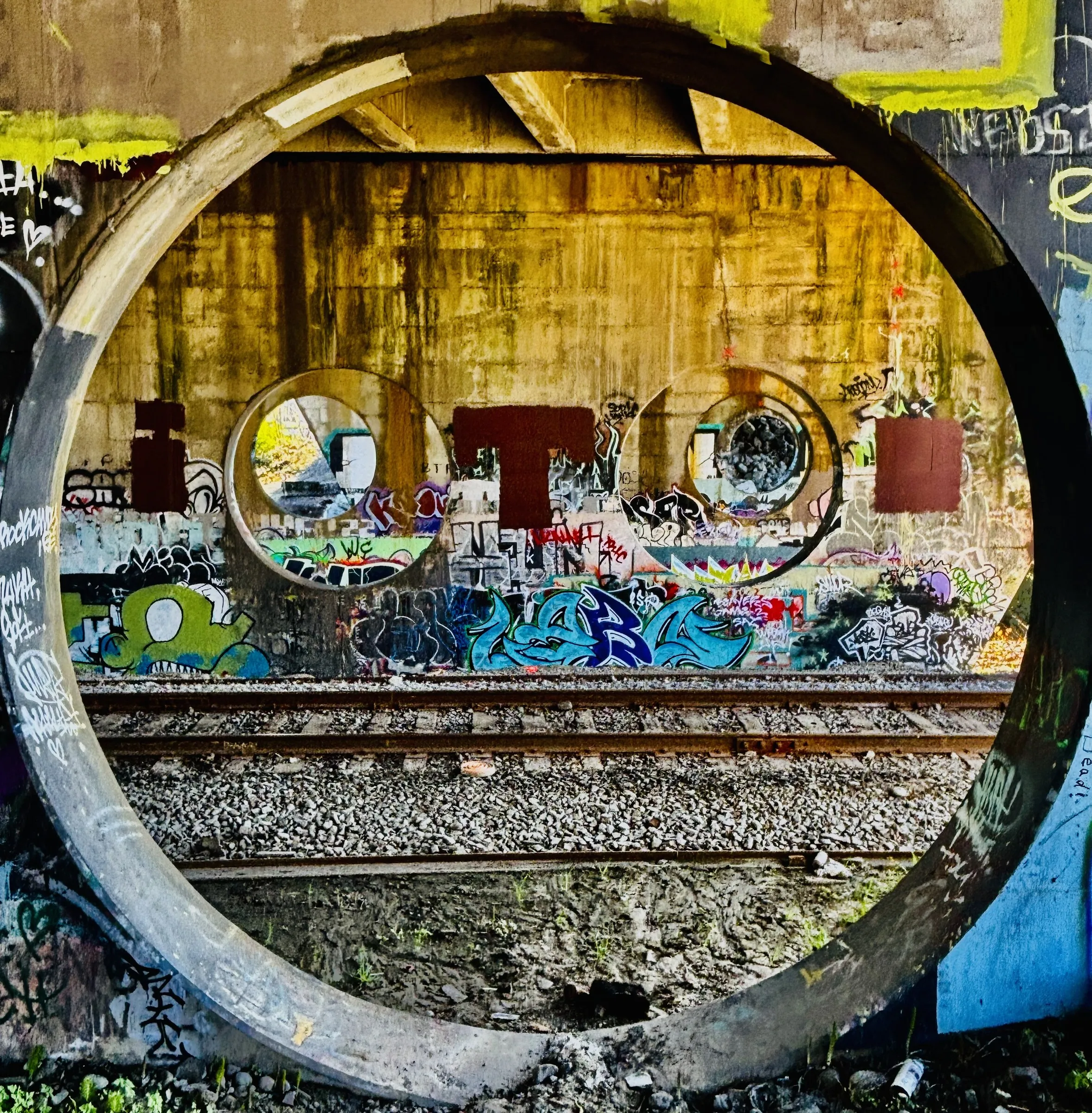 Color photograph of a large circular concrete tunnel or pipe opening covered in graffiti, framing a view of more graffiti-covered walls and railway tracks beyond.