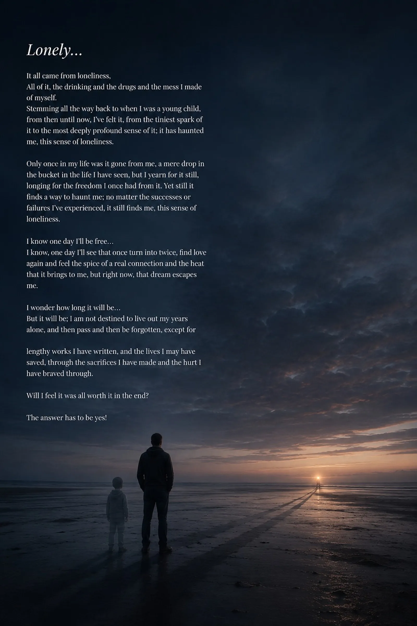 Dusk beach photograph showing a man and a small child standing in silhouette, facing a distant sunset and lighthouse, titled 'Lonely...' with the poem's text overlaid in white.