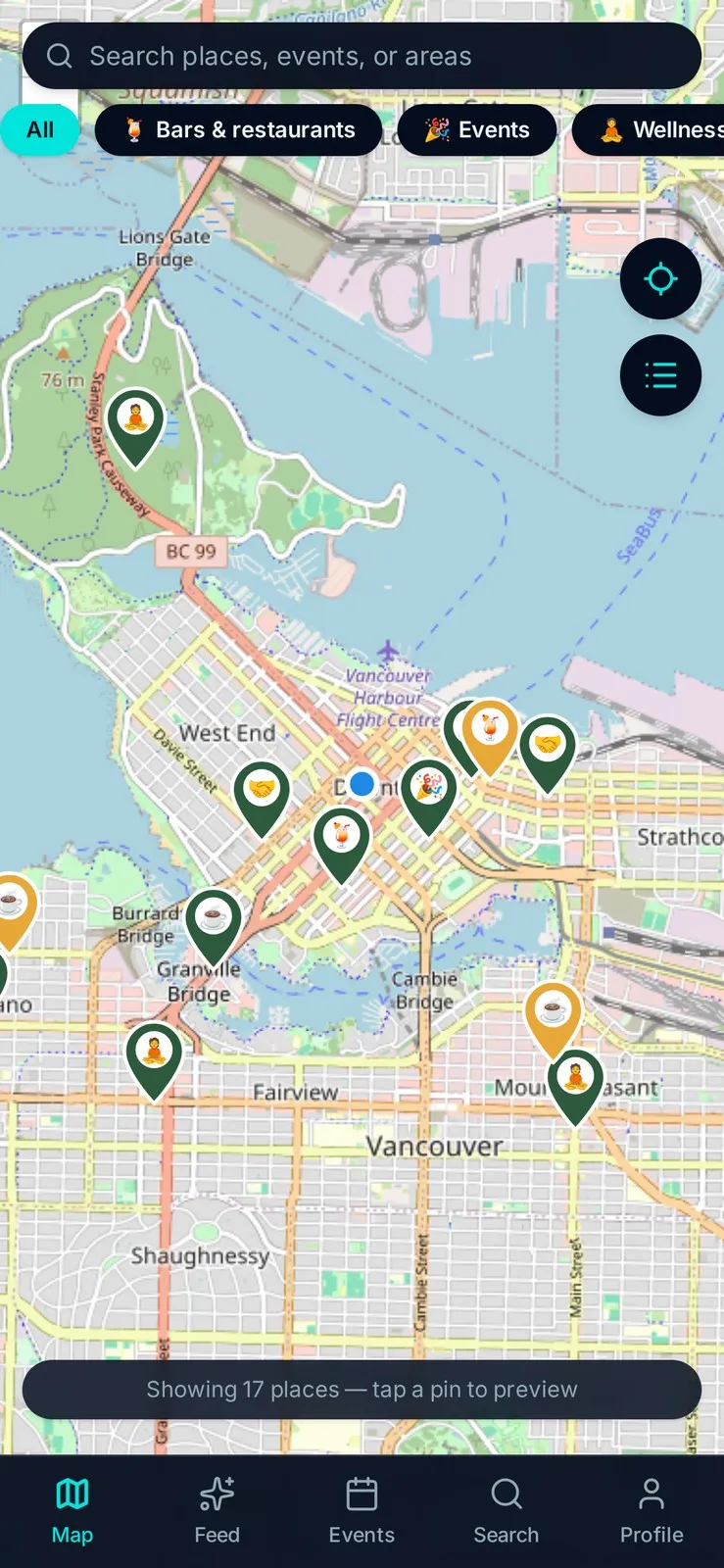SoberGPS map view with category filters