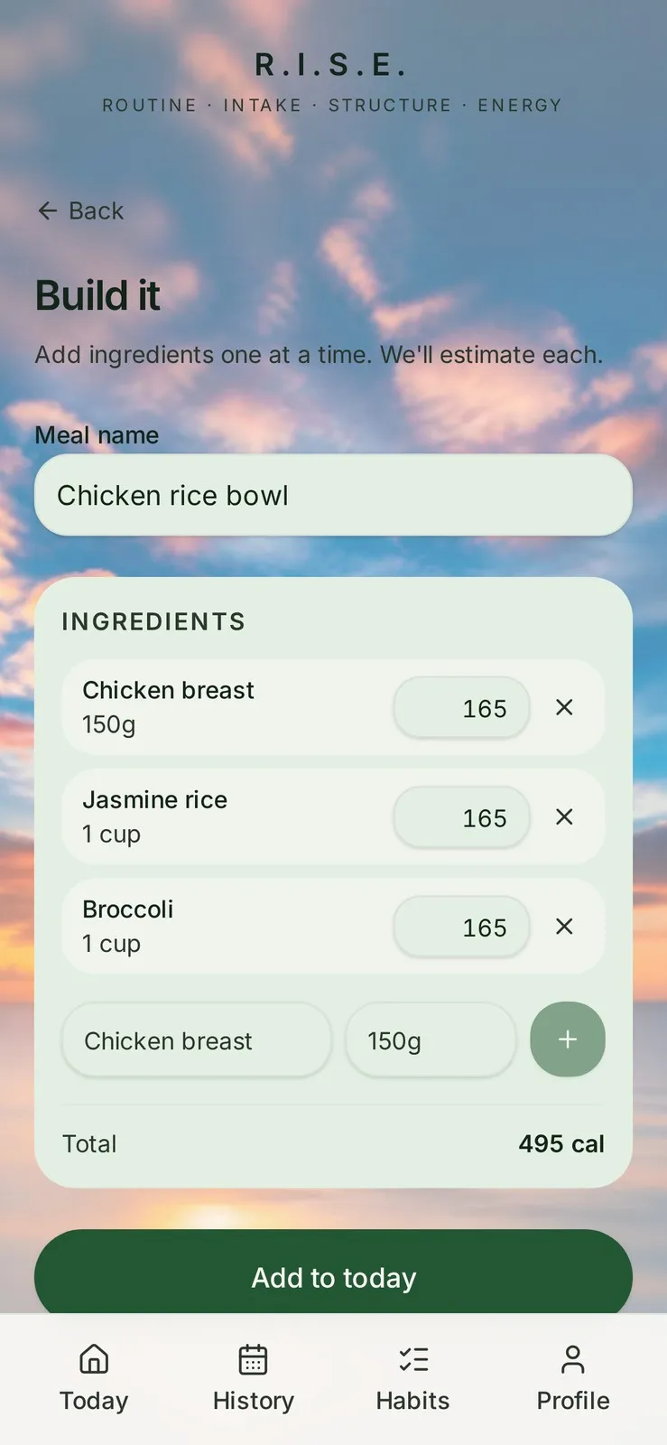 R.I.S.E. meal builder screen with a real logged meal