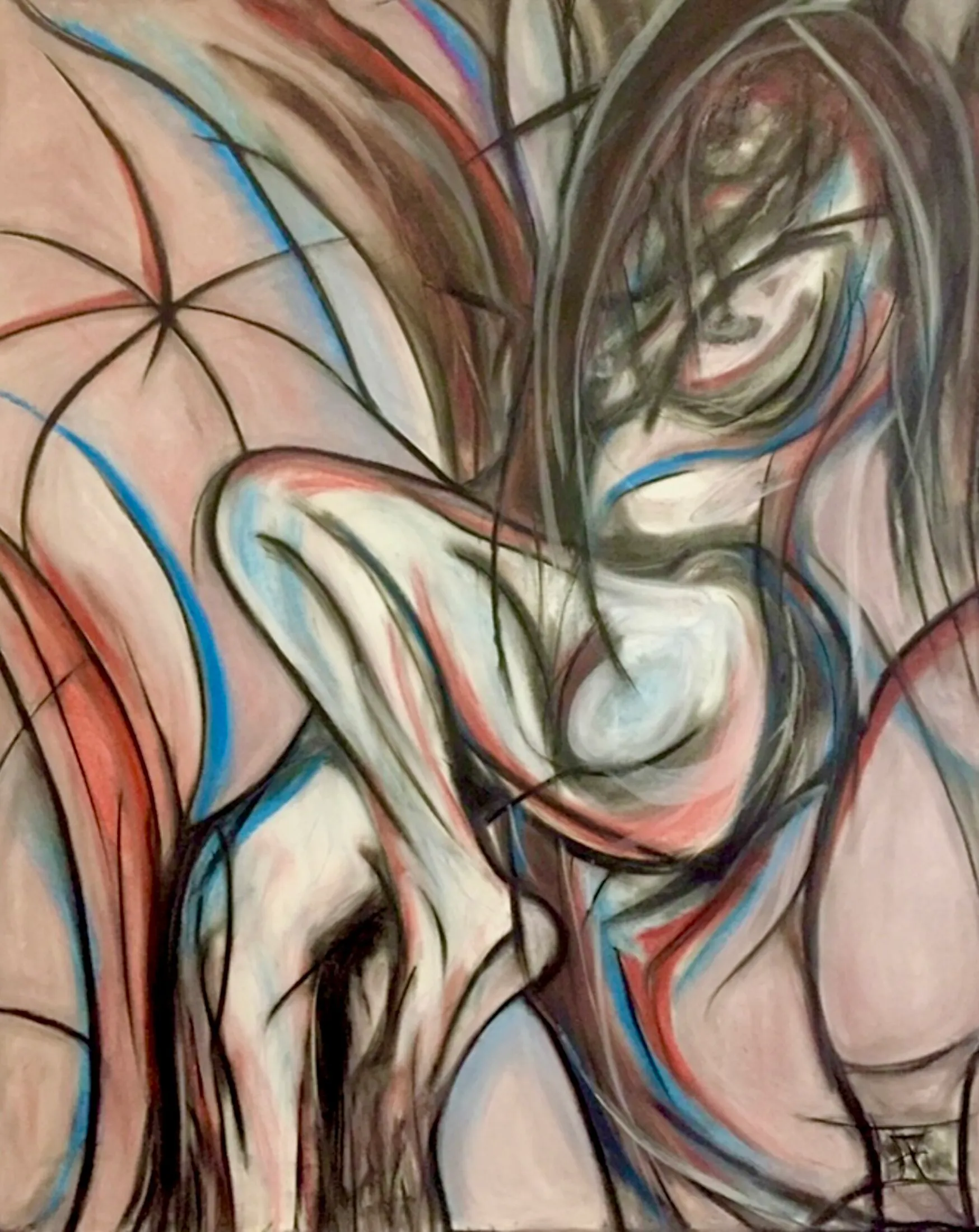 Abstract painting in warm pink and tan tones with dark brown and black gestural linework. A pale, abstract figure sits at the center, outlined with blue and red-orange accent lines, with long dark flowing strands extending across the canvas. A radiating spoked circular pattern appears in the upper left.