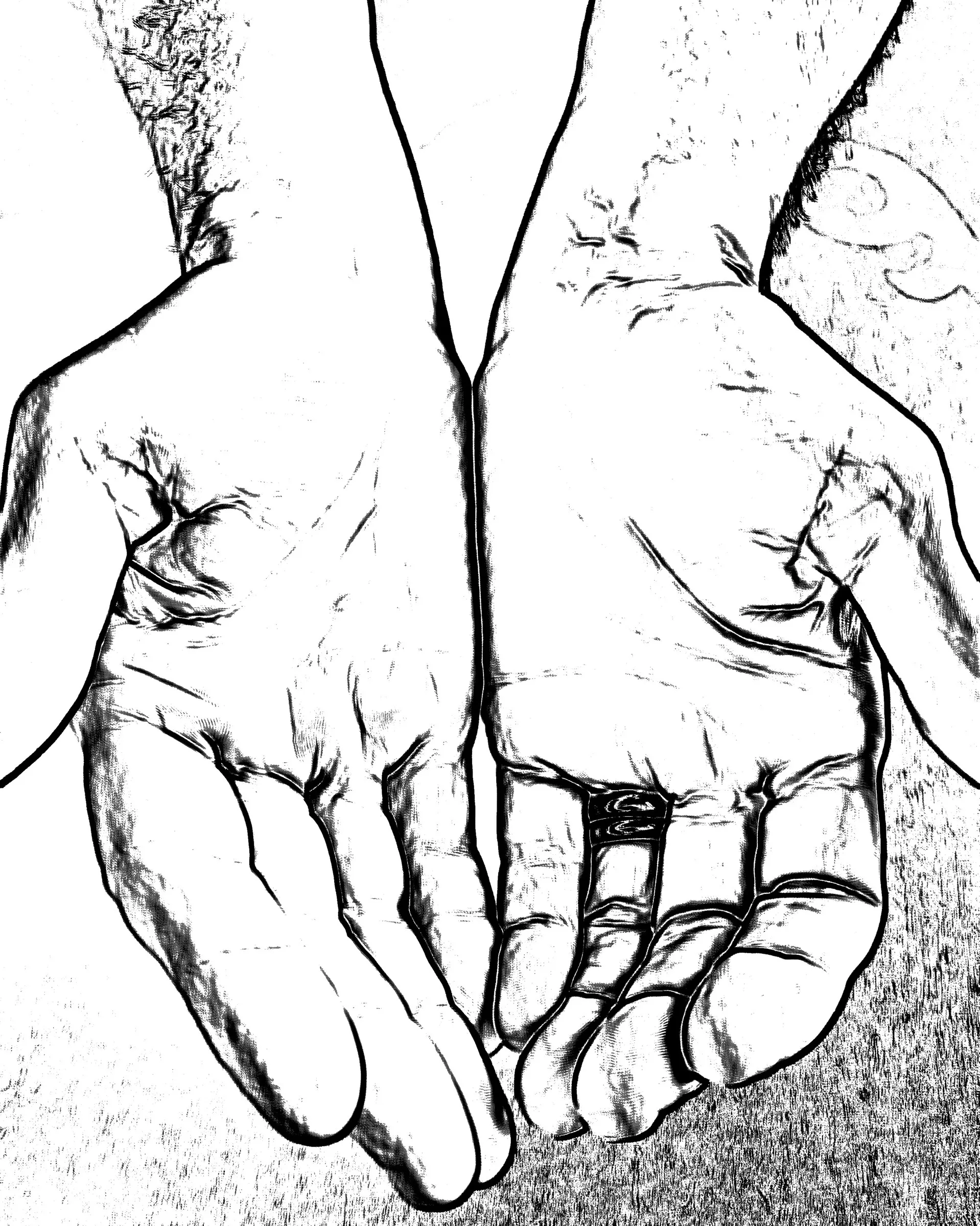 High-contrast, sketch-style black-and-white image of two clasped hands with palms open and fingers curled, rendered with heavy outline and pencil-like texture.