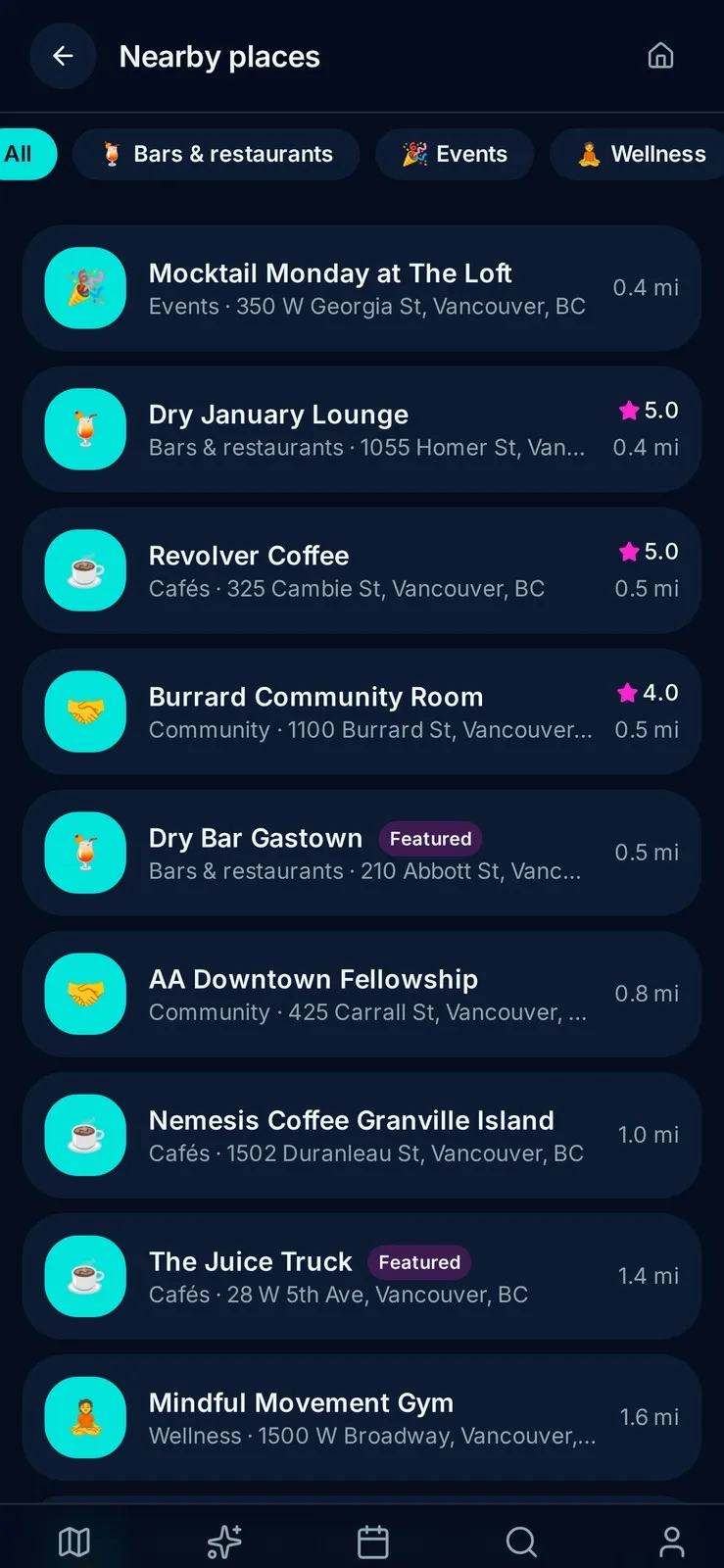 SoberGPS nearby places list, category-filterable