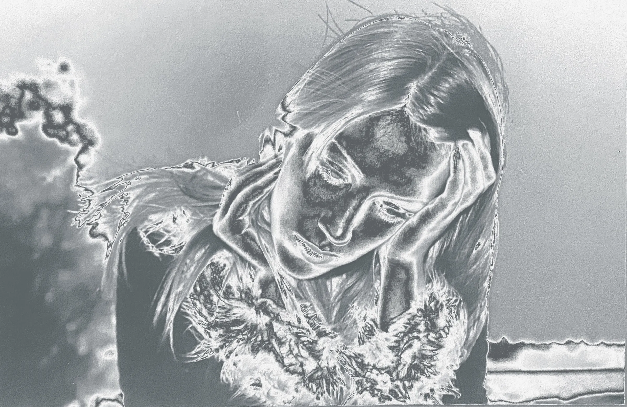 High-contrast, sketch-style black-and-white image of a woman resting her chin on her hand, wearing a fur-trimmed garment, with a pensive expression.