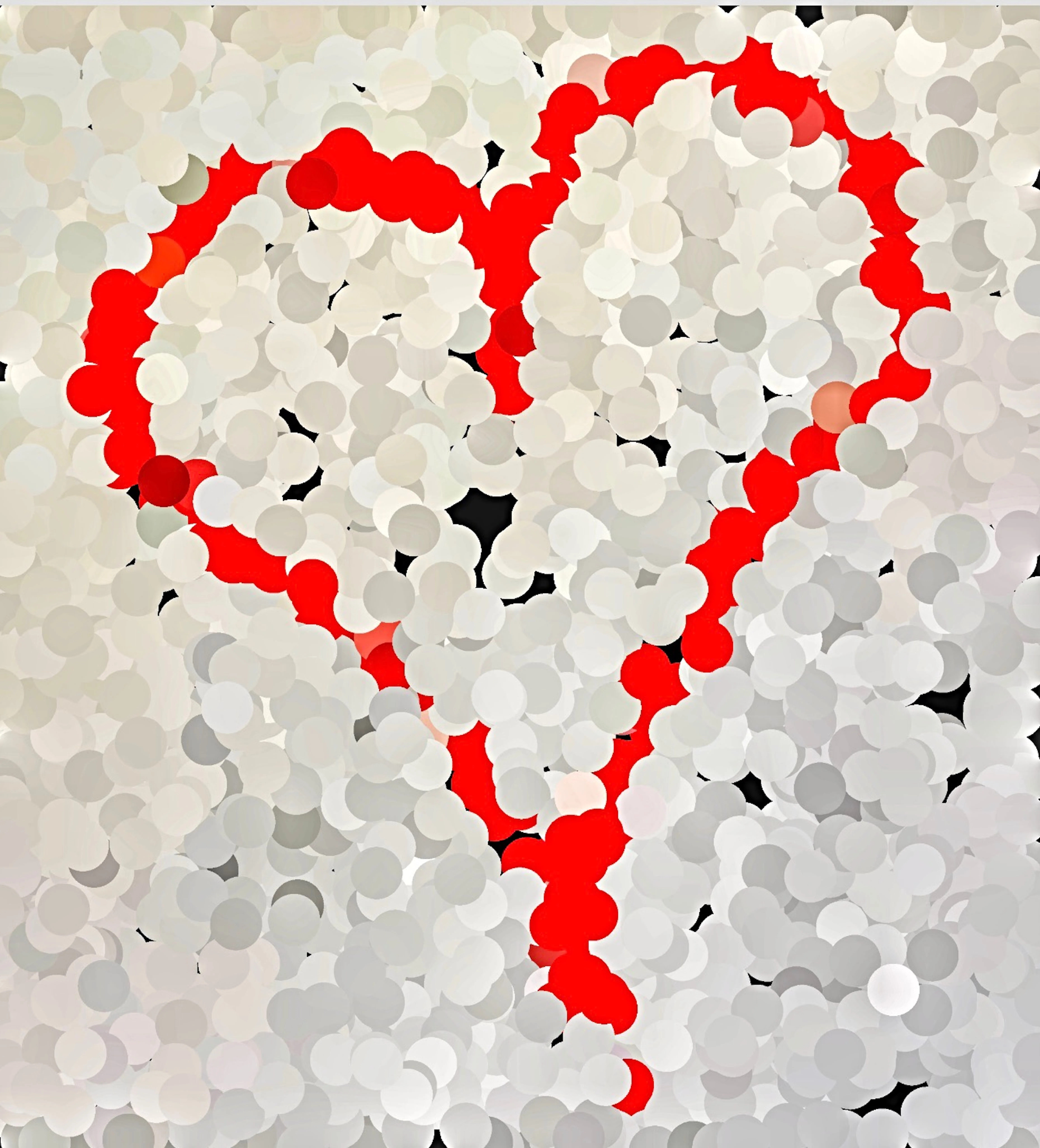 Mosaic-like artwork made of thousands of overlapping white and gray circular forms, with a red heart outline formed from red circles tracing across the surface and trailing into a thin drip at the bottom point.