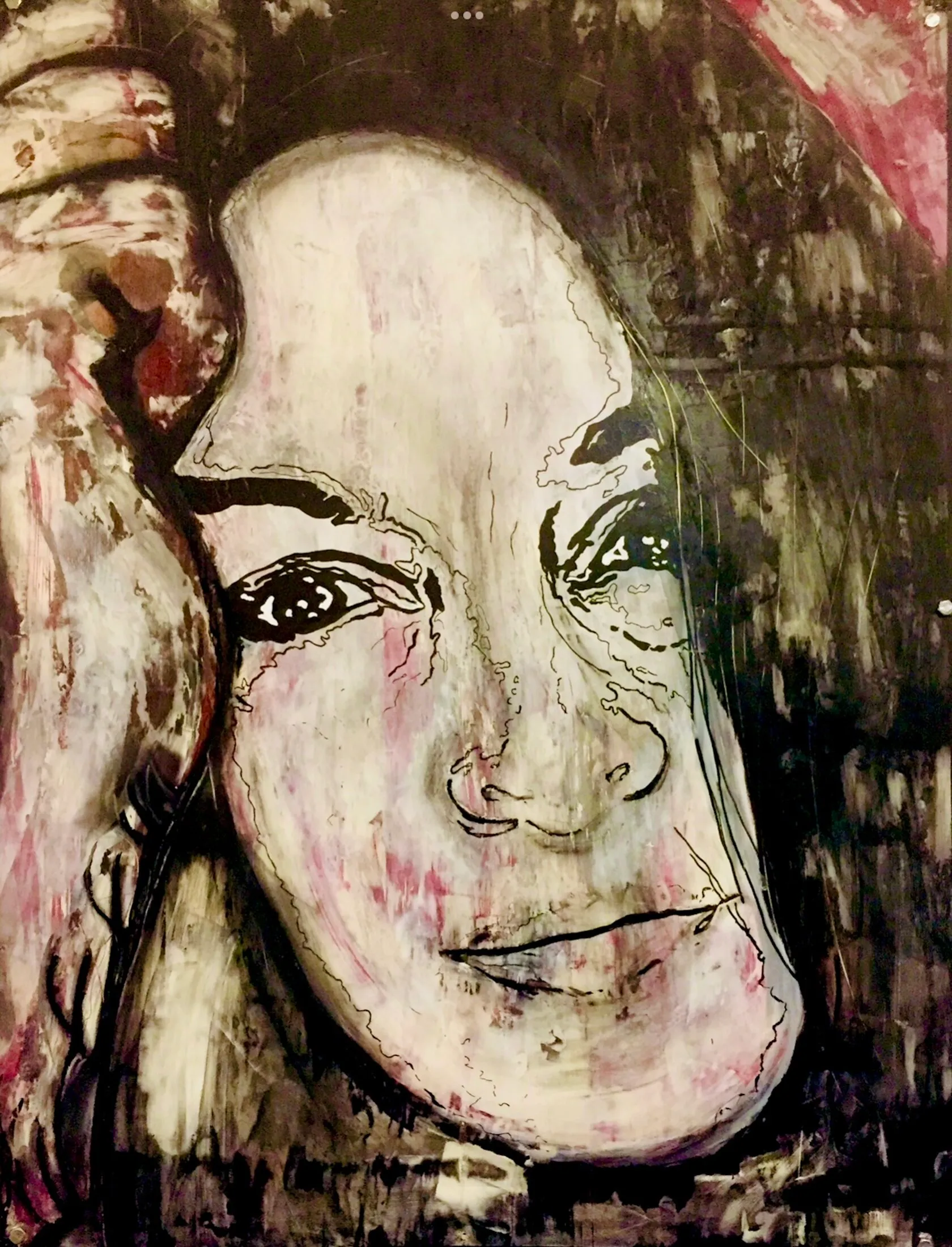 Close-up abstract portrait of a face in cream, pink and black outline against a dark red-brown mottled textured background, with part of an ear and shoulder visible at the upper left.