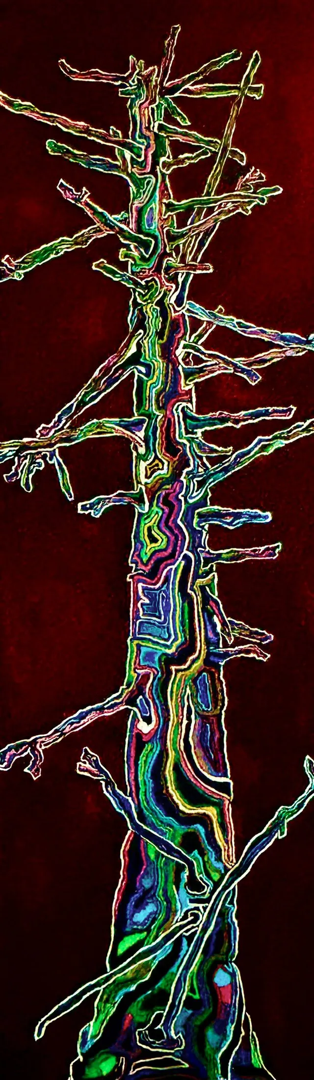 Tall abstract painting on a dark red background, showing a narrow vertical trunk-like form outlined in bright multicolor neon-style lines in green, blue, pink and yellow, with numerous thin branch-like lines extending outward.