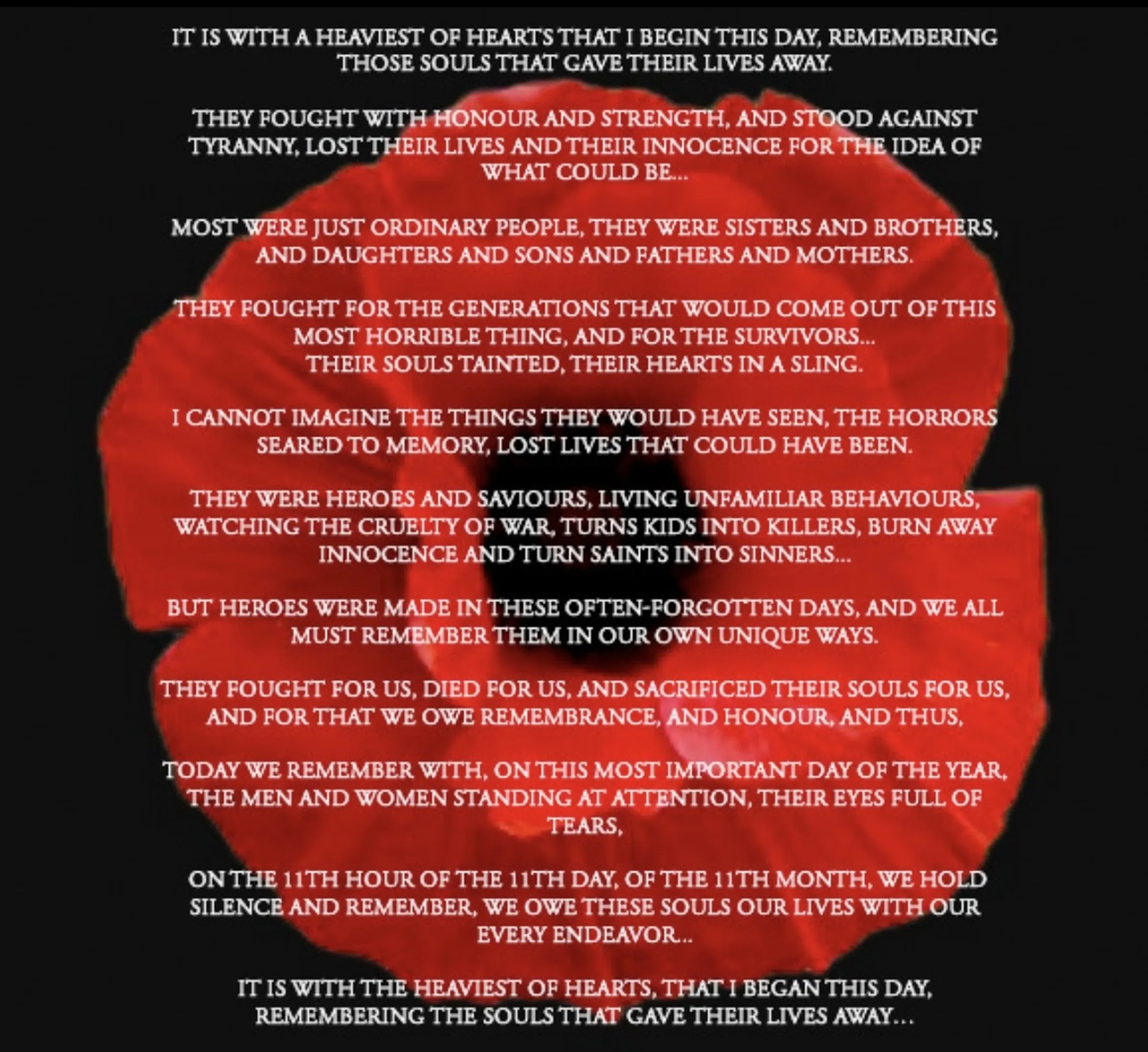 Close-up photograph of a red poppy flower against a black background, with the poem's text overlaid in white serif type.