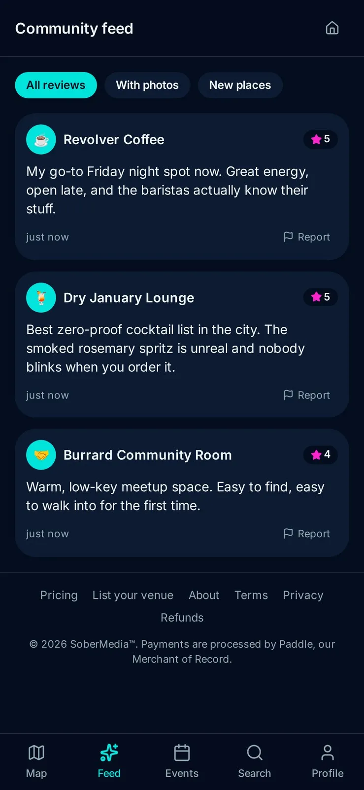 SoberGPS community reviews feed