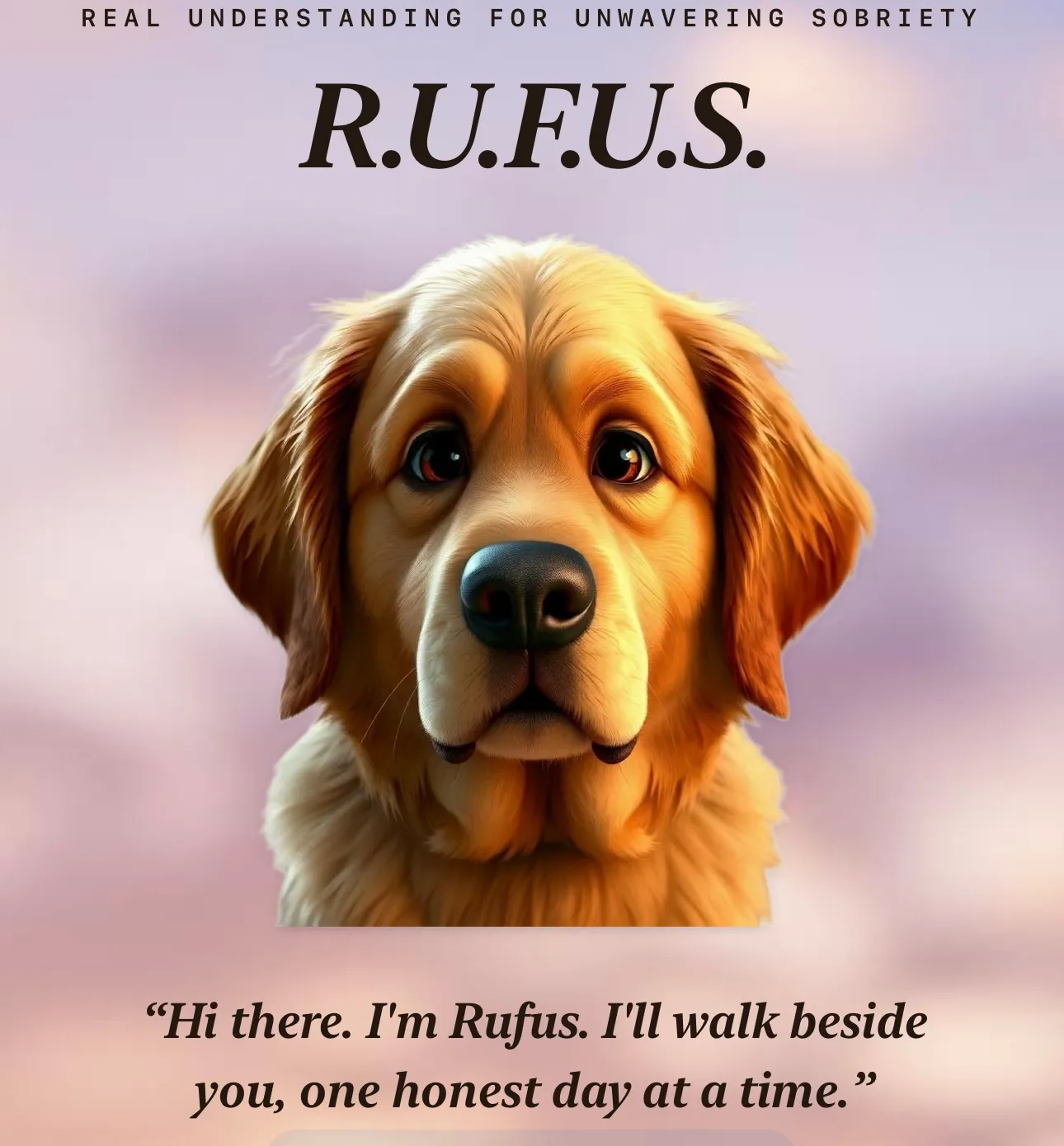 R.U.F.U.S. identity artwork: a golden retriever portrait with the R.U.F.U.S. wordmark, 'Real Understanding For Unwavering Sobriety,' and the line 'Hi there. I'm Rufus. I'll walk beside you, one honest day at a time.'