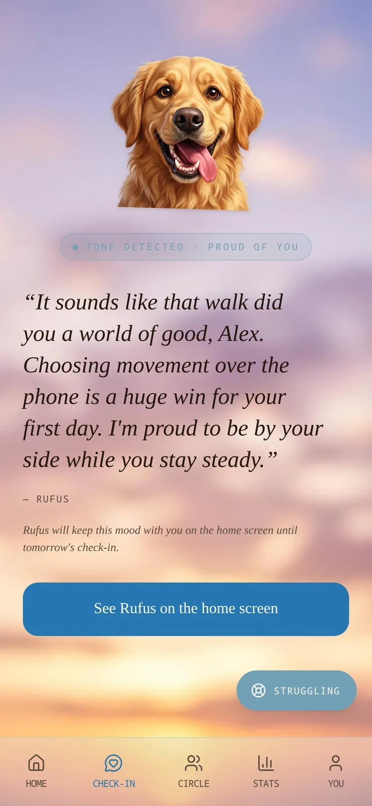 Rufus's warm reply after a check-in