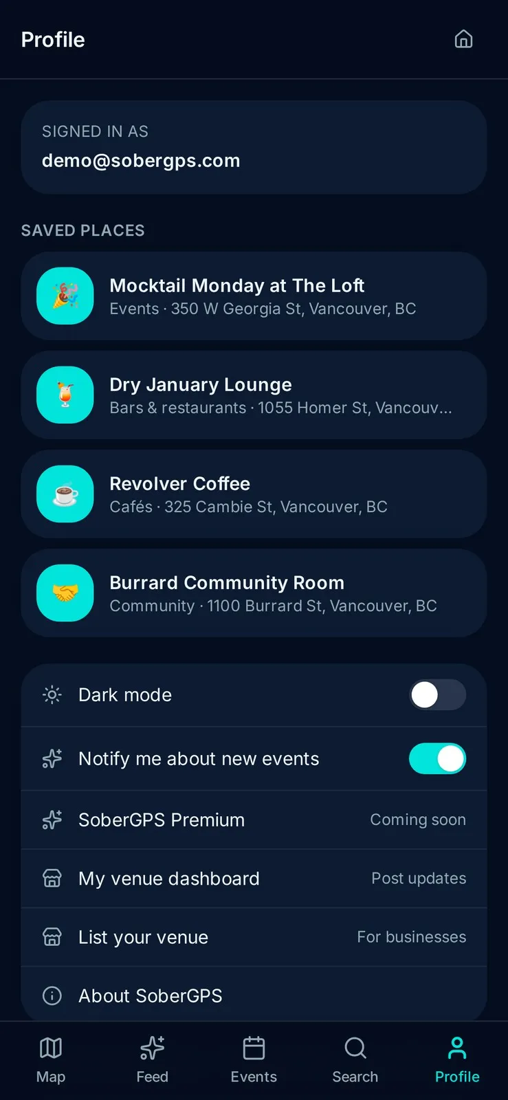 SoberGPS saved places screen