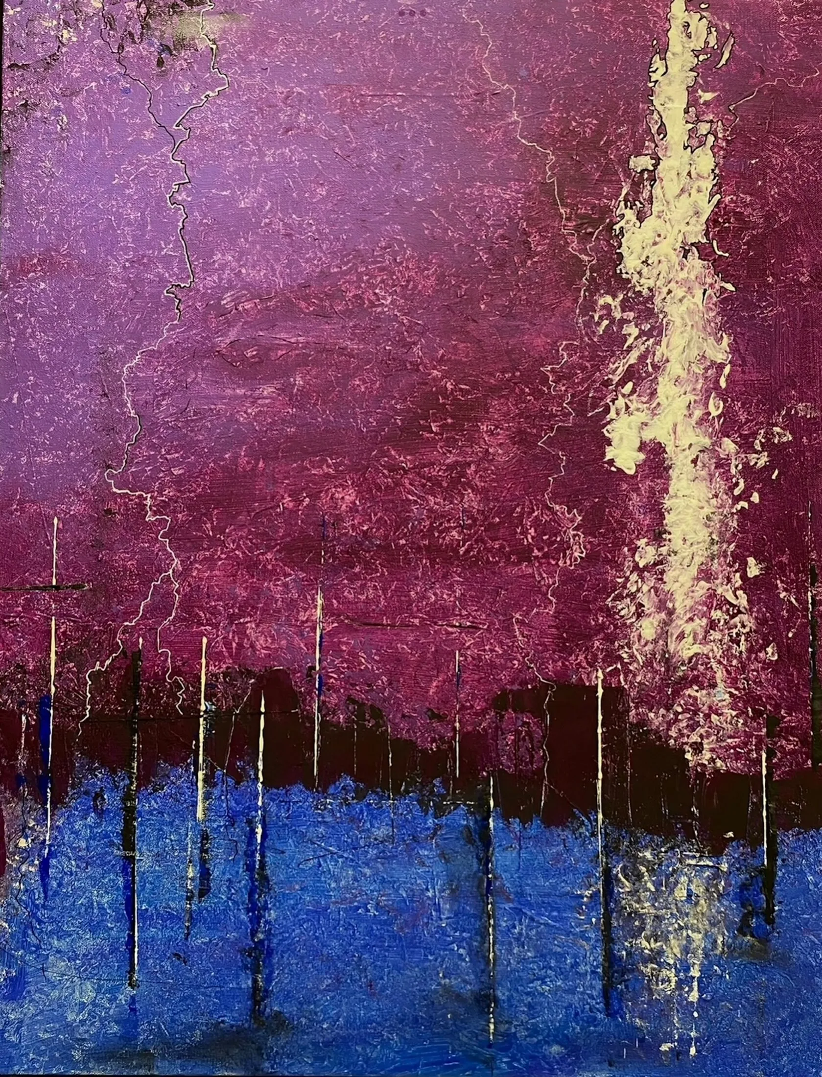 Abstract painting with a deep magenta textured upper section containing a pale jagged crack shape and a bright vertical white streak, a dark horizon band with thin vertical white lines resembling a skyline, and a textured blue lower section.