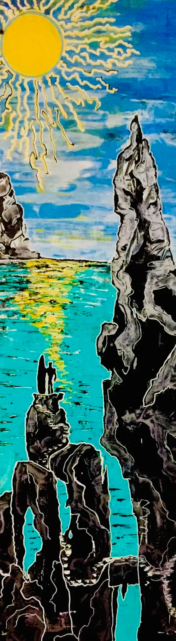 Coastal scene painting with a blue sky, a large yellow sun with radiating rays in the upper left, black rocky cliff formations, and turquoise water with a golden light reflection. Two small silhouetted figures stand on a rock outcropping in the water.