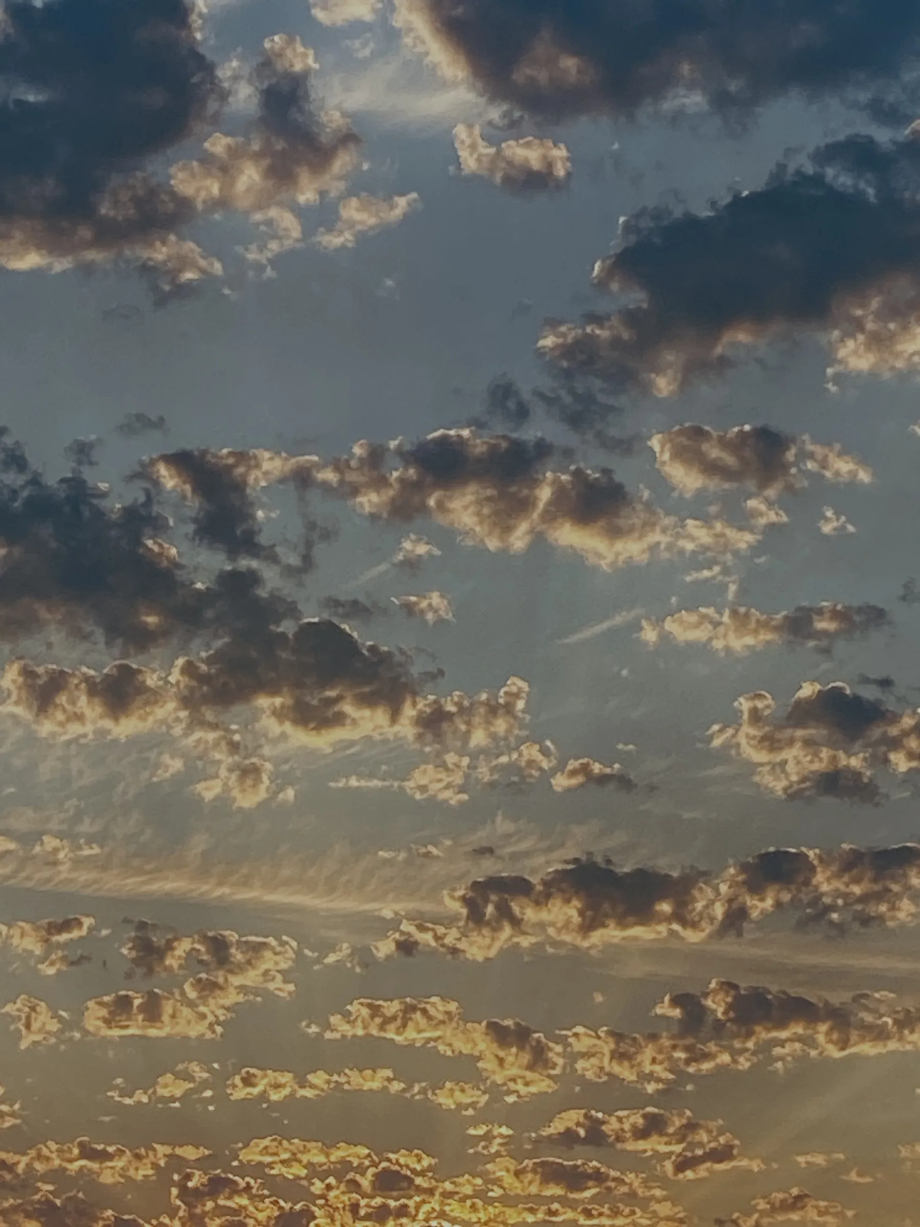 Color photograph of a dramatic sky filled with backlit, golden-edged clouds at sunset or sunrise.