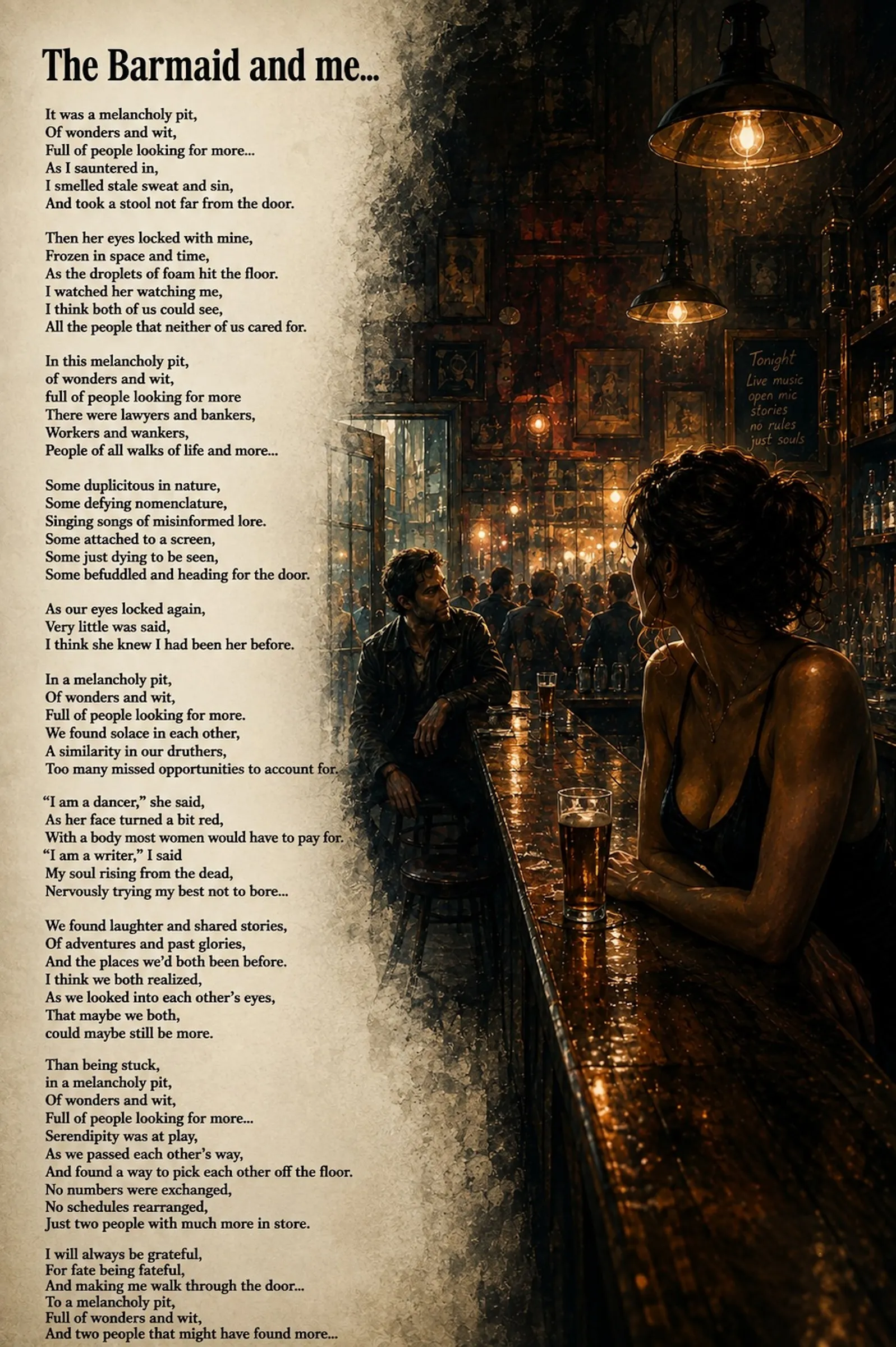 AI-generated illustration of a dimly lit, old-fashioned bar at night, a woman leaning on the bar counter across from a seated man, warm pendant lights overhead and shelves of bottles behind the bar.
