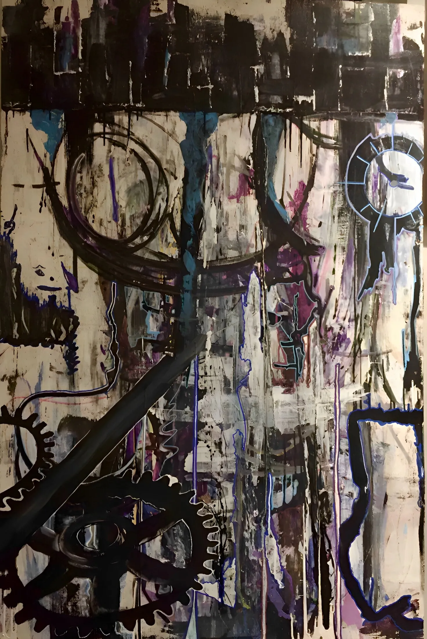 Dense abstract painting incorporating mechanical imagery, including a clock face with visible hands in the upper right, large gear and cog shapes, circular ring forms, and dripping black paint, in a muted cream, tan, purple and blue palette.