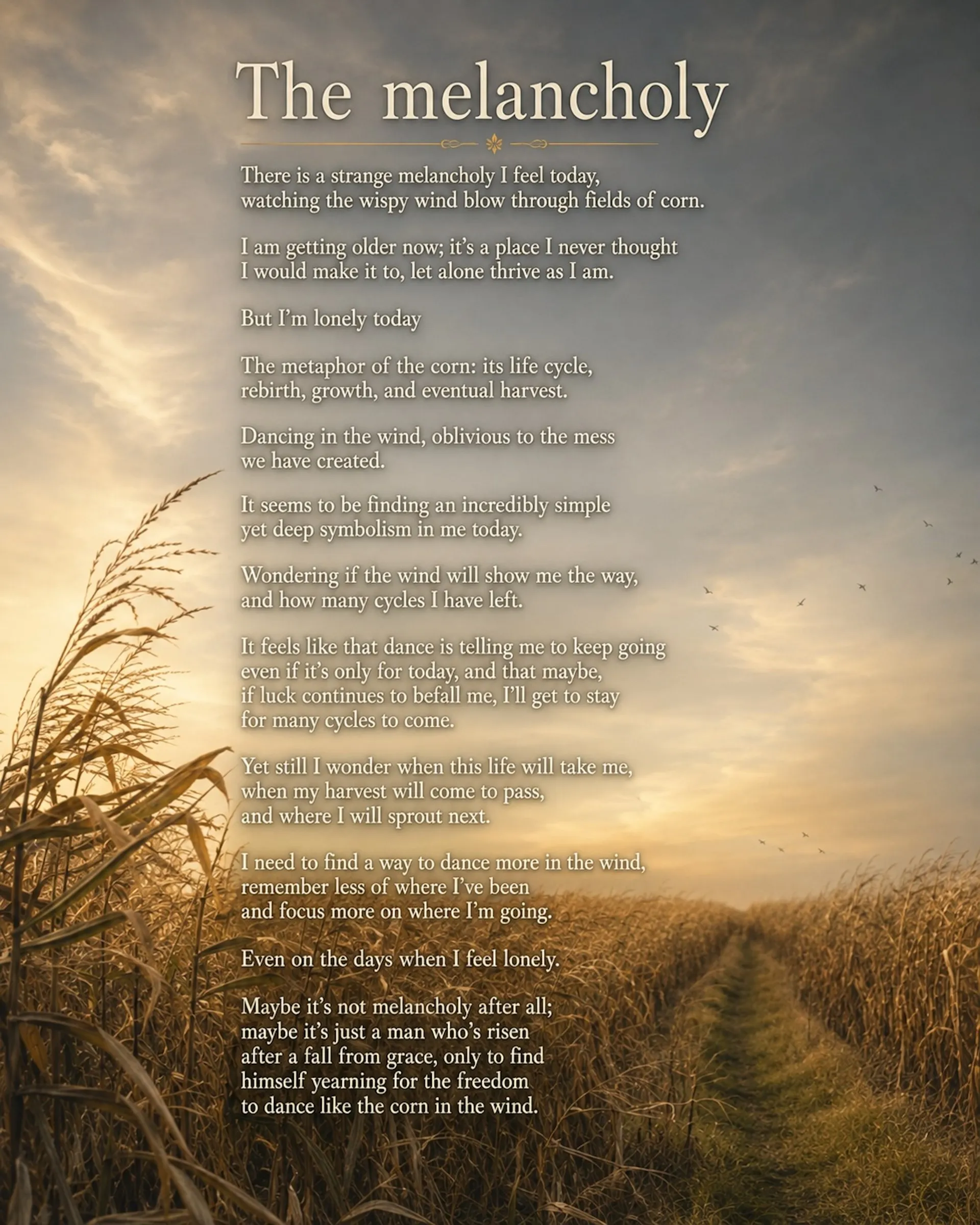 AI-generated photograph-style illustration of a dirt path running through a golden cornfield at sunset, birds flying in the distance.