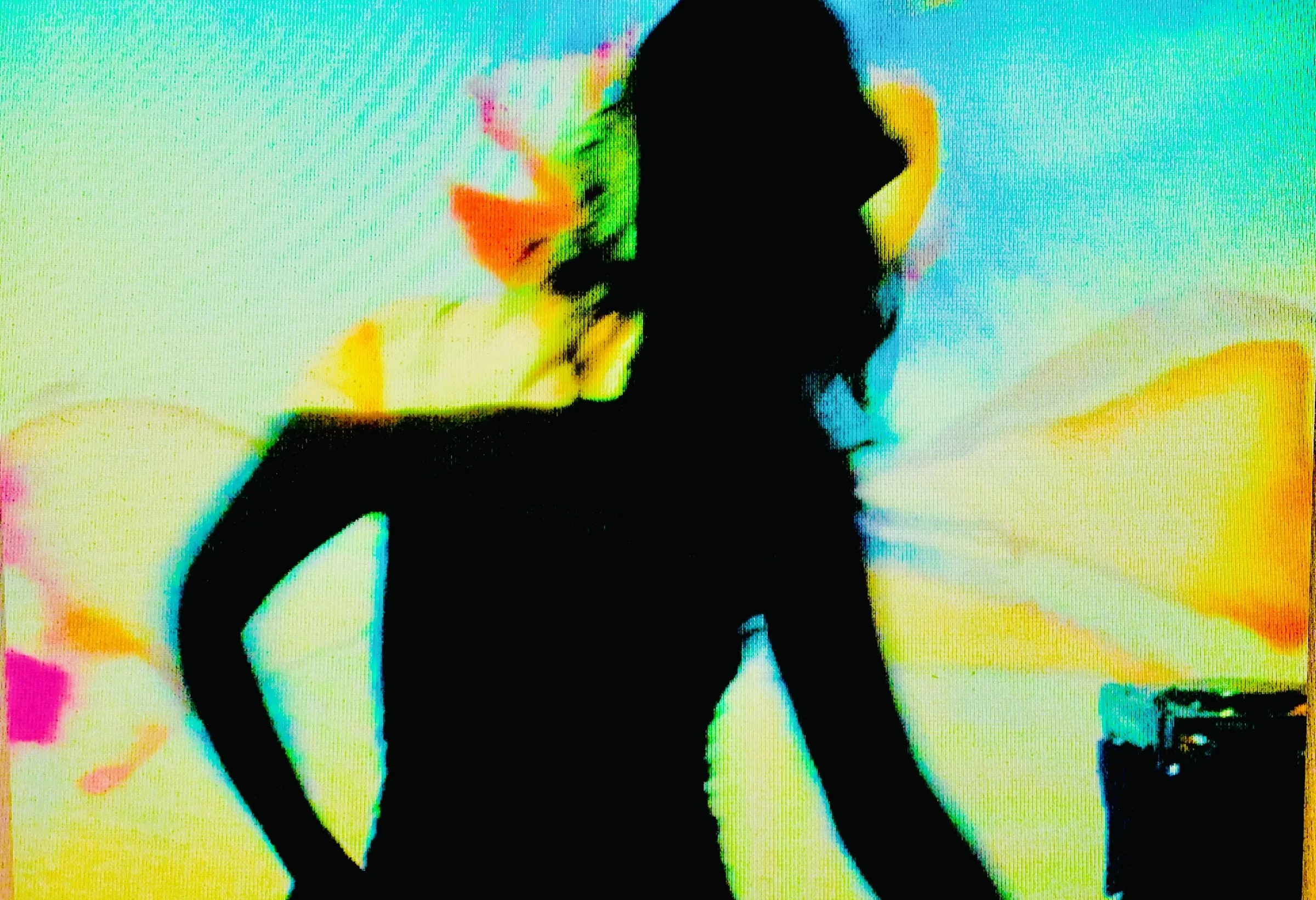 Blurred, high-contrast color photograph of a silhouetted woman with her hand on her hip against a bright, multicolored abstract background of pink, orange, and teal light.