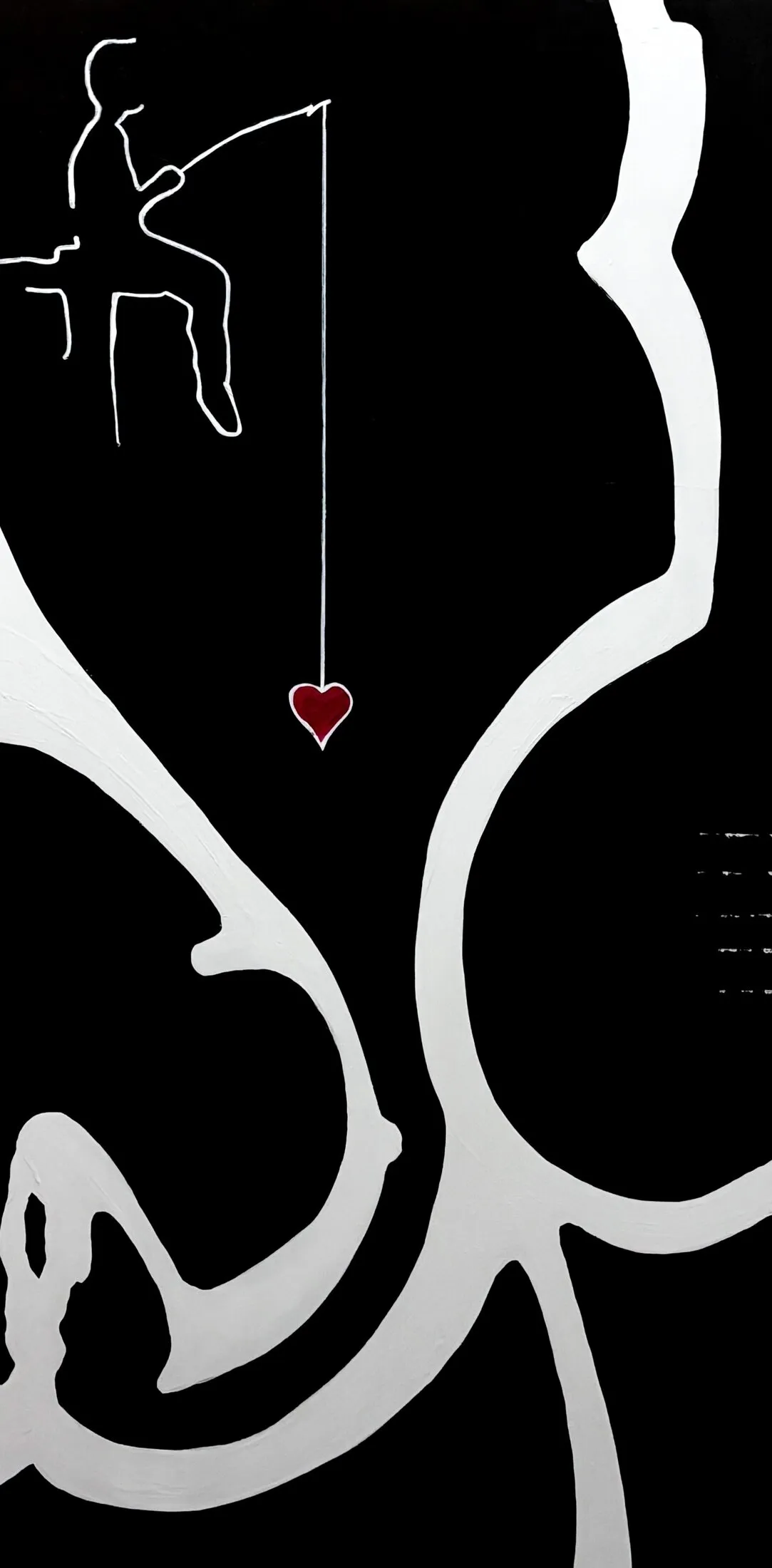 Predominantly black painting with a continuous winding white line resembling a river or root system. A small silhouetted figure of a person fishing appears in the upper left, with the fishing line leading down to a small suspended red heart near the center of the canvas.