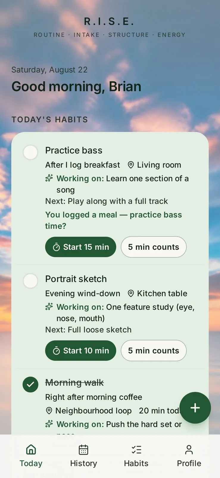 R.I.S.E. today screen with today's habits list