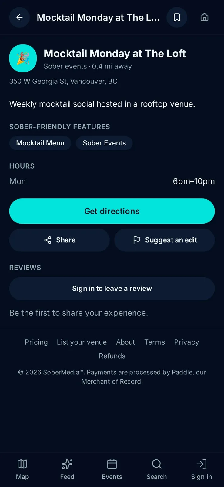 SoberGPS venue detail screen with sober-friendly features and hours