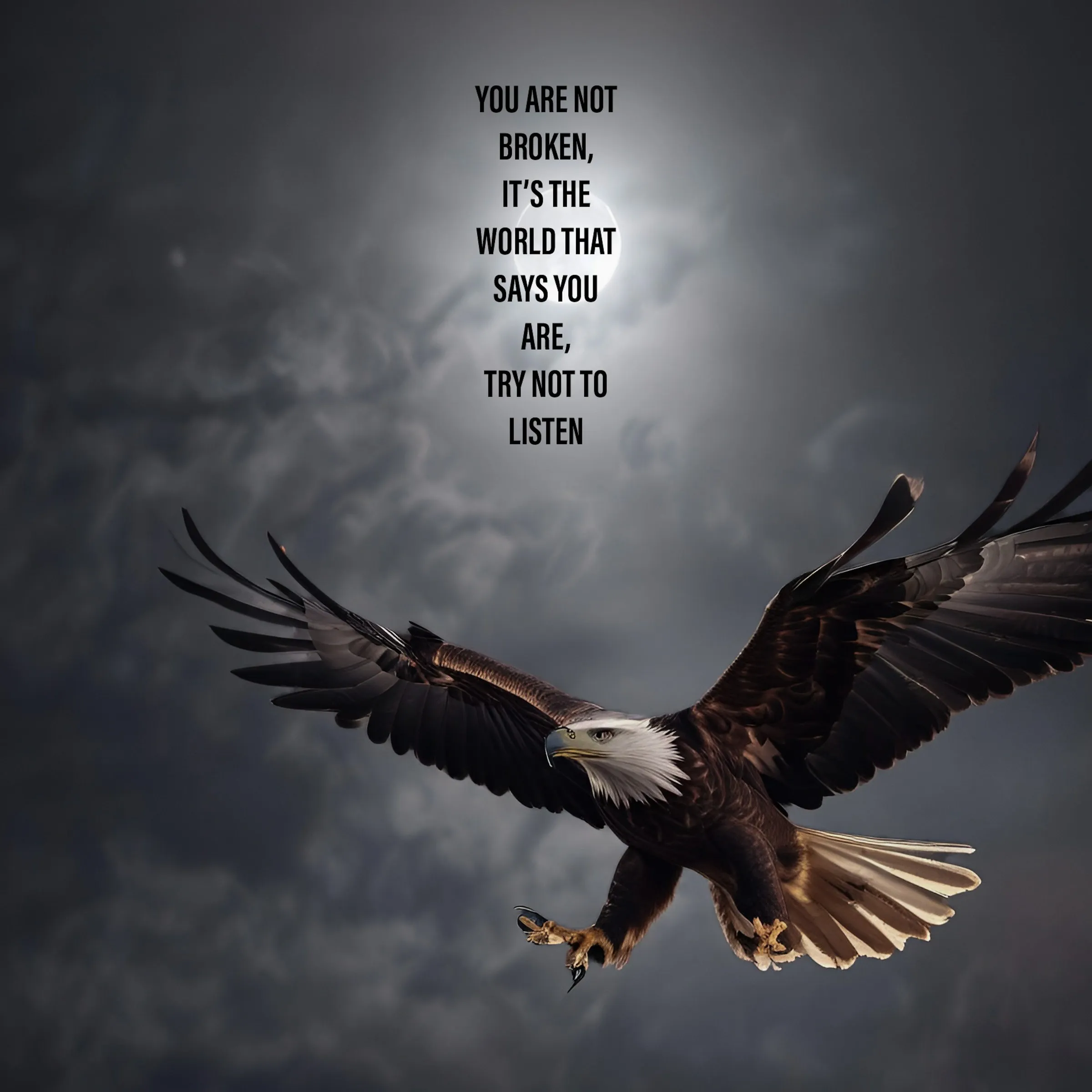 AI-generated image of a bald eagle in flight against a dark, moonlit cloudy sky, with the poem's text overlaid in bold black type.